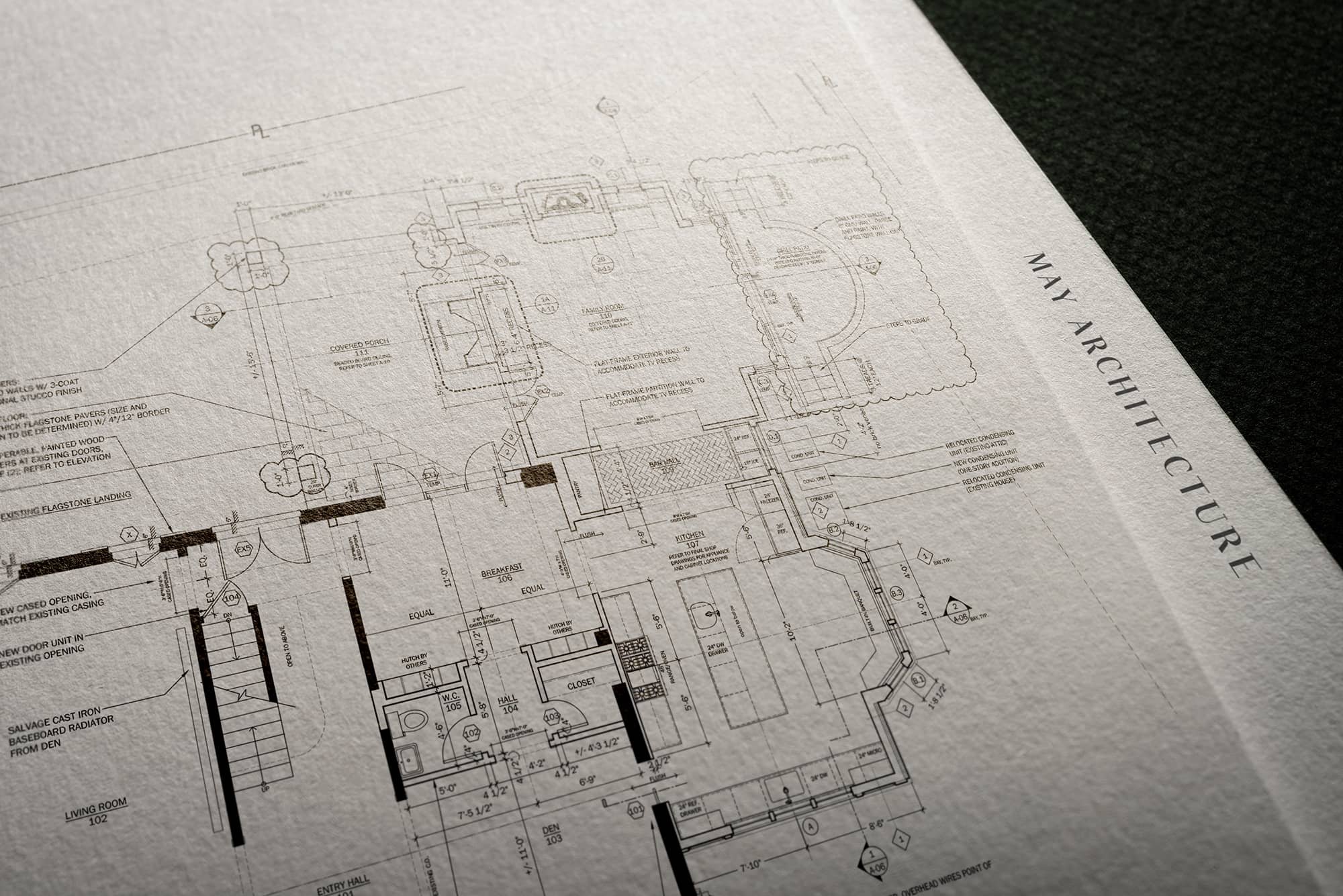 Architectural blueprint plans of a residential house with detailed floor plan and measurements, titled 'May Architecture'.