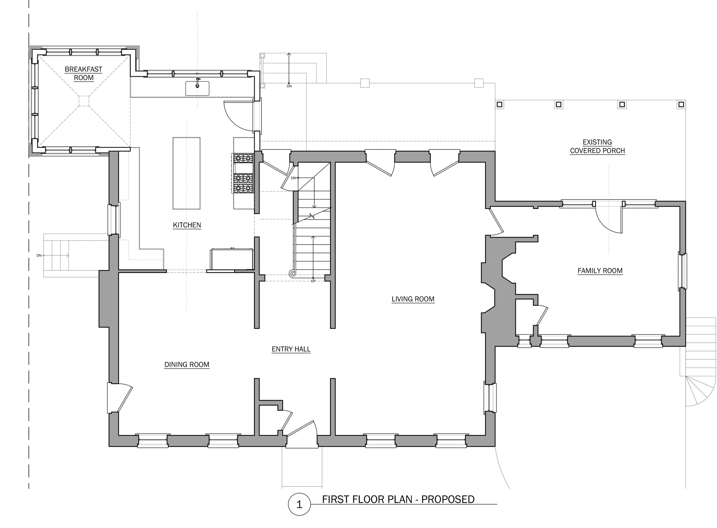 Architectural blueprint of a proposed first floor house plan featuring rooms labeled as kitchen, breakfast room, dining room, entry hall, living room, family room, and covered porch.