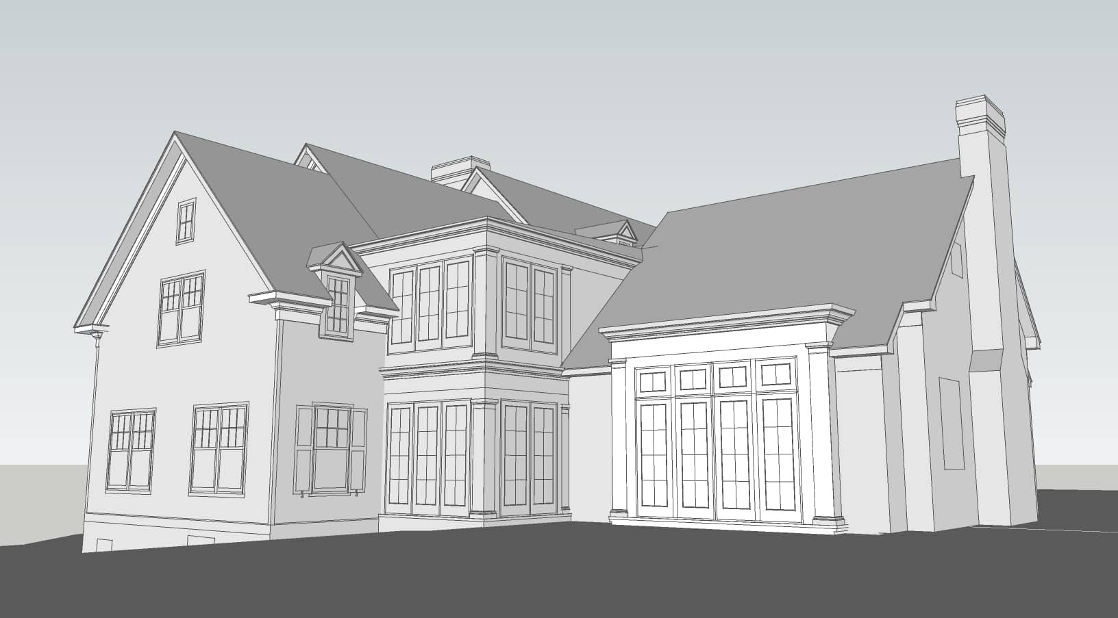 Sketch of a large multi-story house with multiple gabled roofs, windows, and a chimney, shown in black and white.