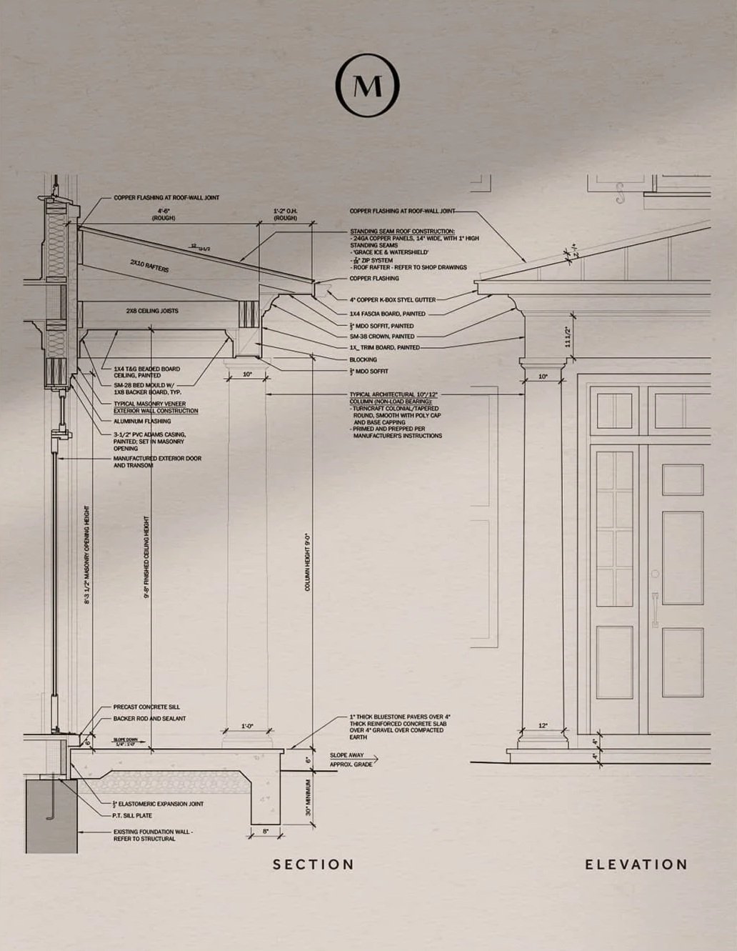 Architectural drawing of a building's section and elevation views, showing roof construction, wall details, and door framing.