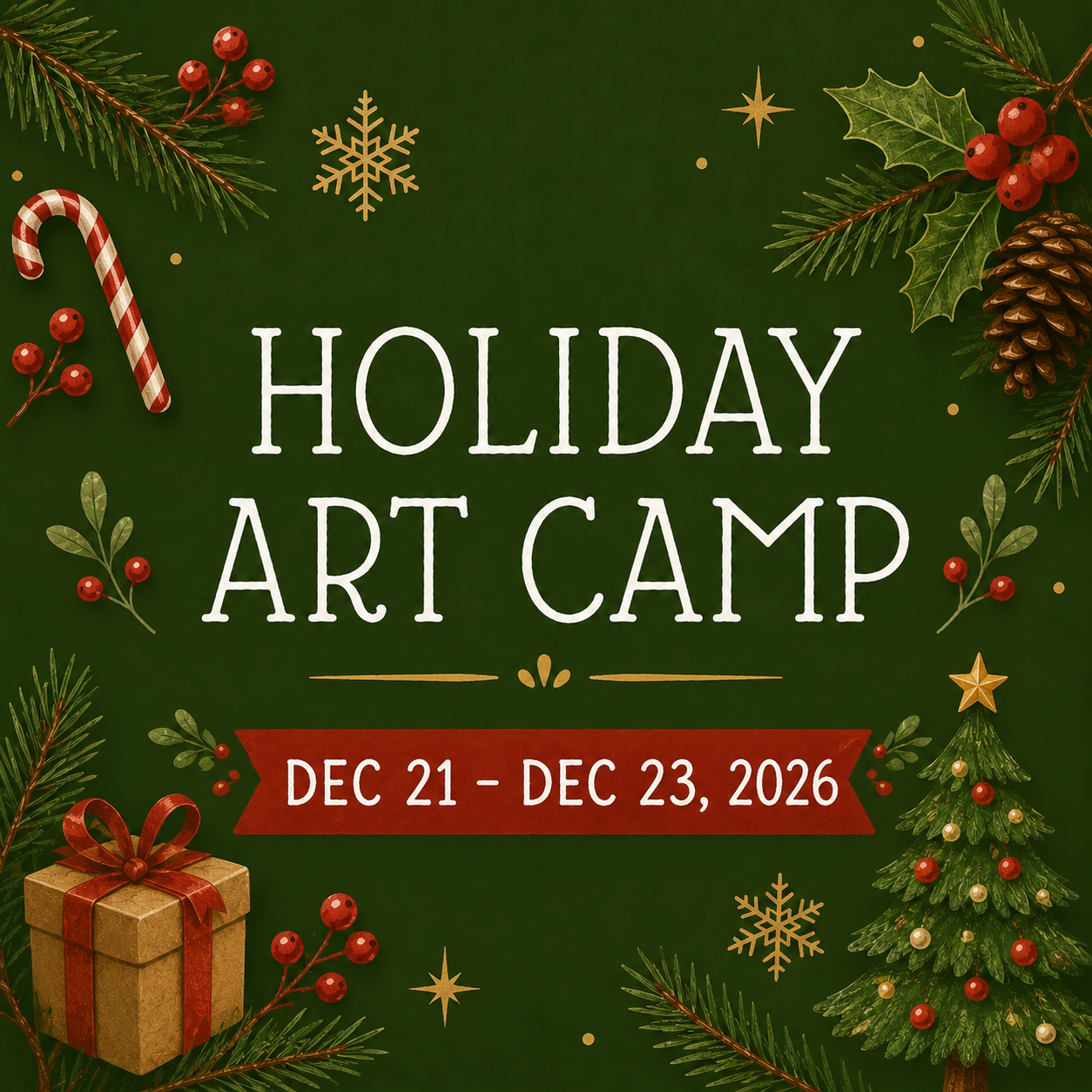 Get into the holiday spirit with festive, hands-on art! Little artists will create holiday-themed projects designed to keep hands busy, imaginations growing, and screens away during winter break.

Dec. 21–23 | 1–4 PM
Register for one day or all three