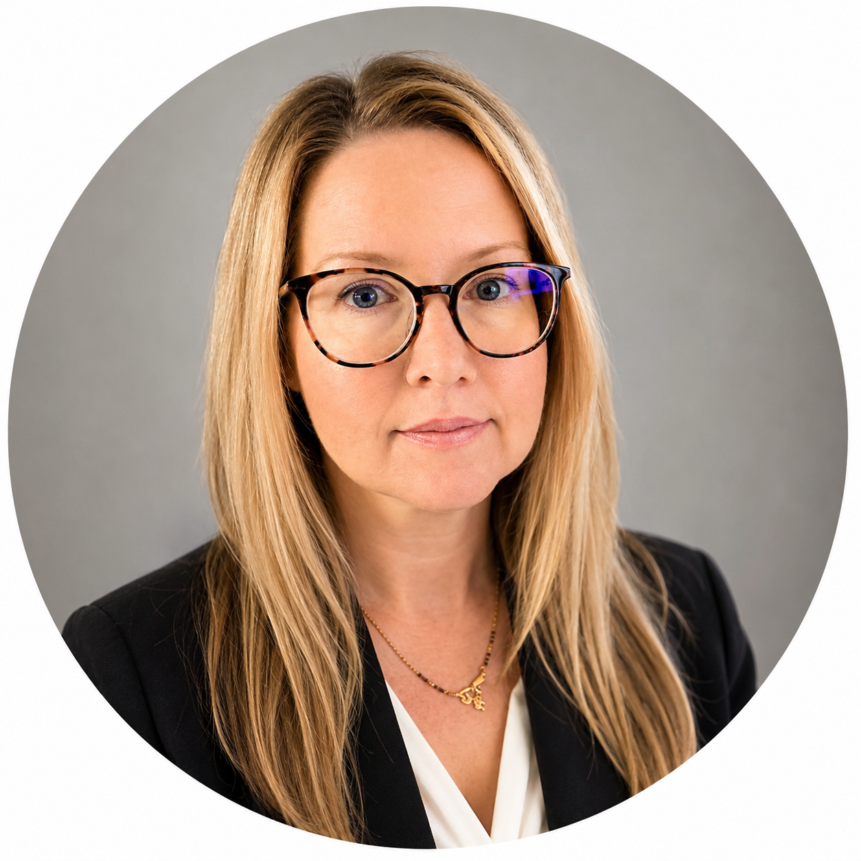 A woman with glasses, blonde hair wearing a black blazer and white shirt.