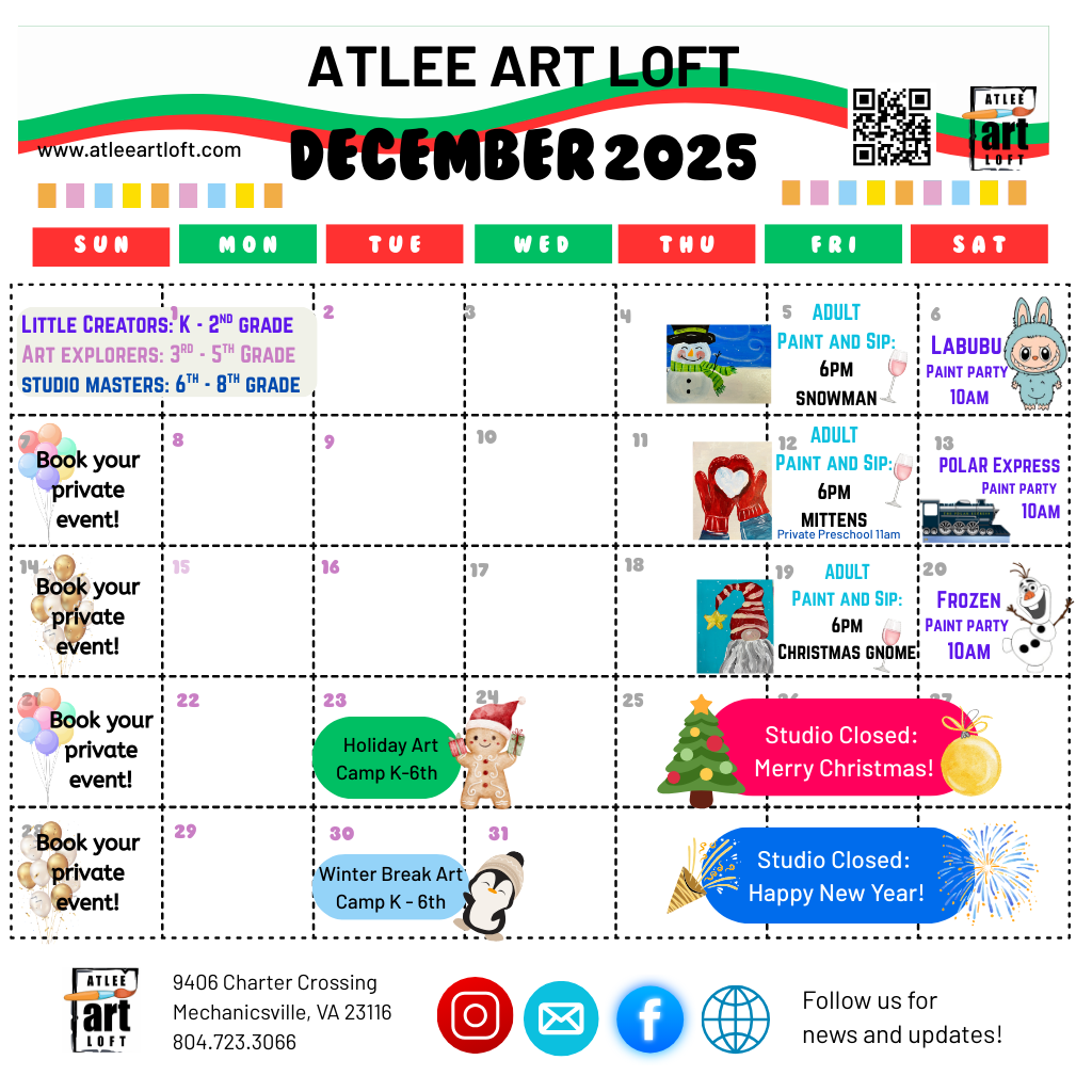 December 2025 calendar for Atlee Art Loft with art events, private bookings, and holiday closures, featuring colorful banners, holiday and winter-themed graphics, and icons for social media and contact information.