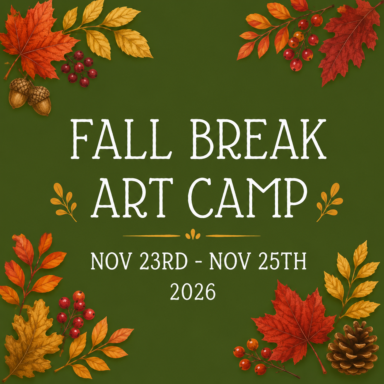 Celebrate fall with three afternoons of creative fun! Kids will make seasonal art projects while staying busy, engaged, and off screens during their school break.

Nov. 23–25 | 1–4 PM
Register for one day or all three!