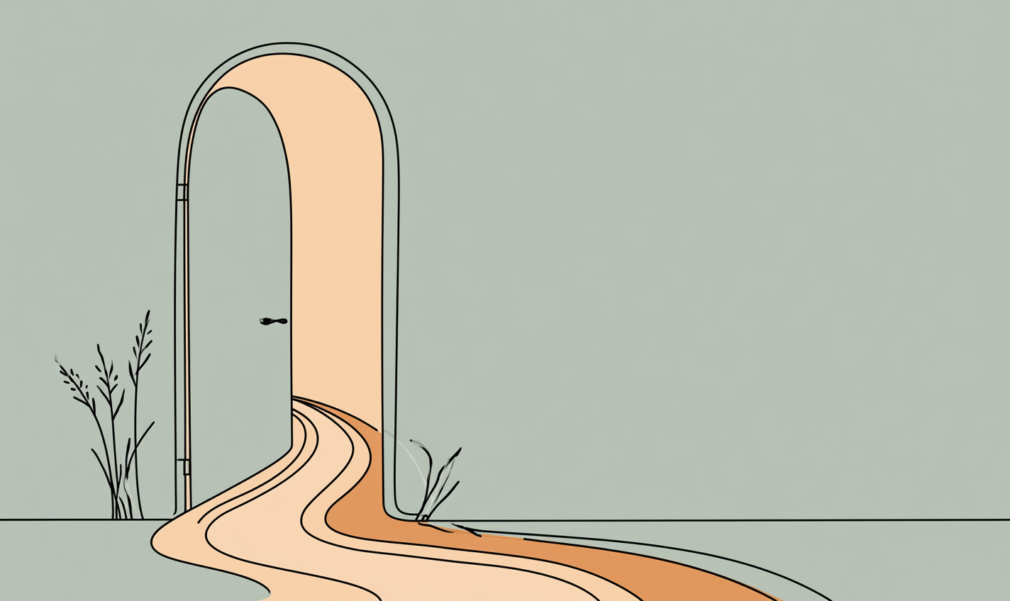 Continuous-line illustration of an open doorway with soft light, evoking the welcome of kink-affirming therapy in Louisville and Lafayette, CO