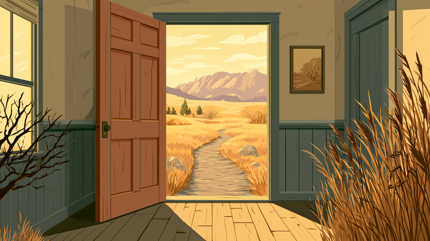 Open front door with a path toward the Flatirons — a narrative alternative to PACT couples therapy in Louisville, CO