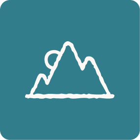 Line drawing of a mountain on a teal background.