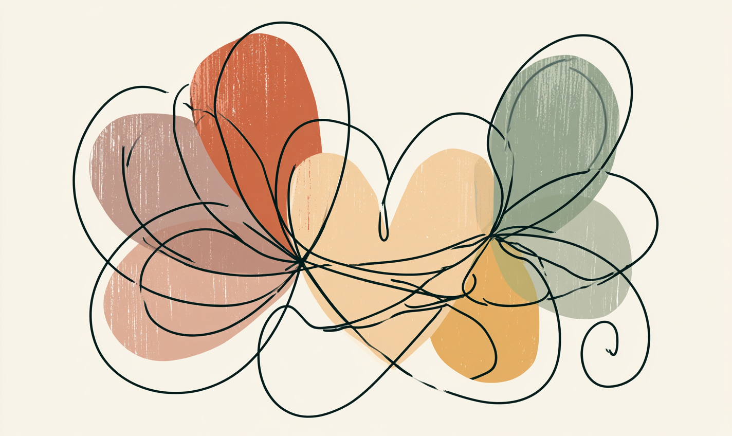 Continuous-line illustration of soft interwoven loops forming a heart, evoking polyamory- and non-monogamy-friendly therapy in Louisville, CO
