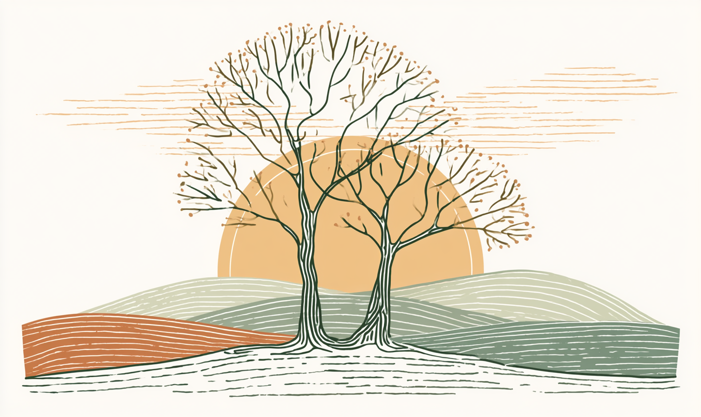 Continuous-line illustration of one tree grown from two trunks, evoking connection and belonging in blended family therapy in Louisville, CO
