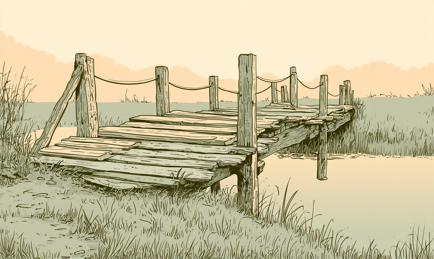 Continuous-line illustration of a wooden footbridge being rebuilt with new planks beside old, evoking rebuilding trust after infidelity in couples therapy in Louisville, CO