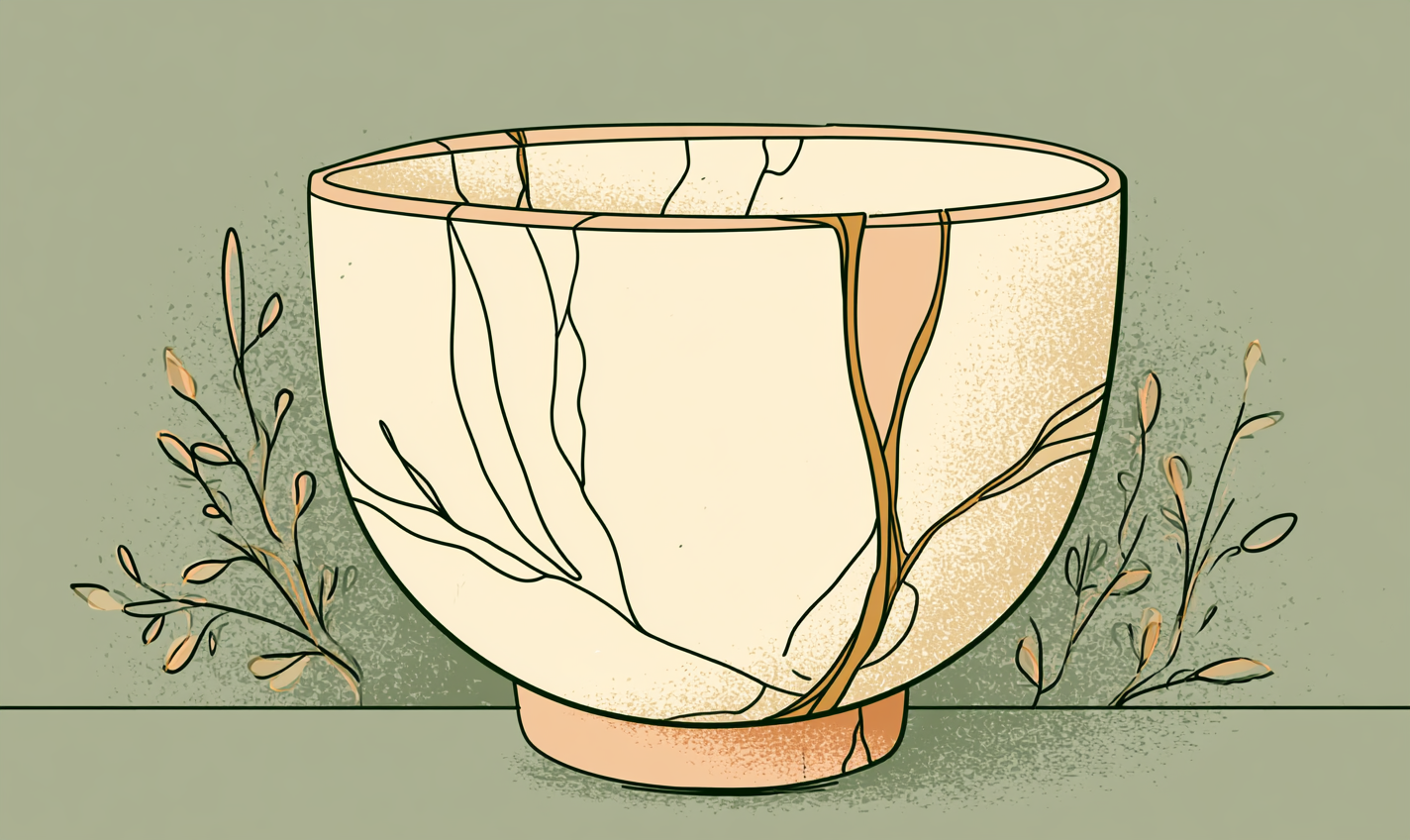 Continuous-line illustration of a kintsugi bowl mended with gold, evoking how a couples therapy intensive helps heal from betrayal in Louisville, CO