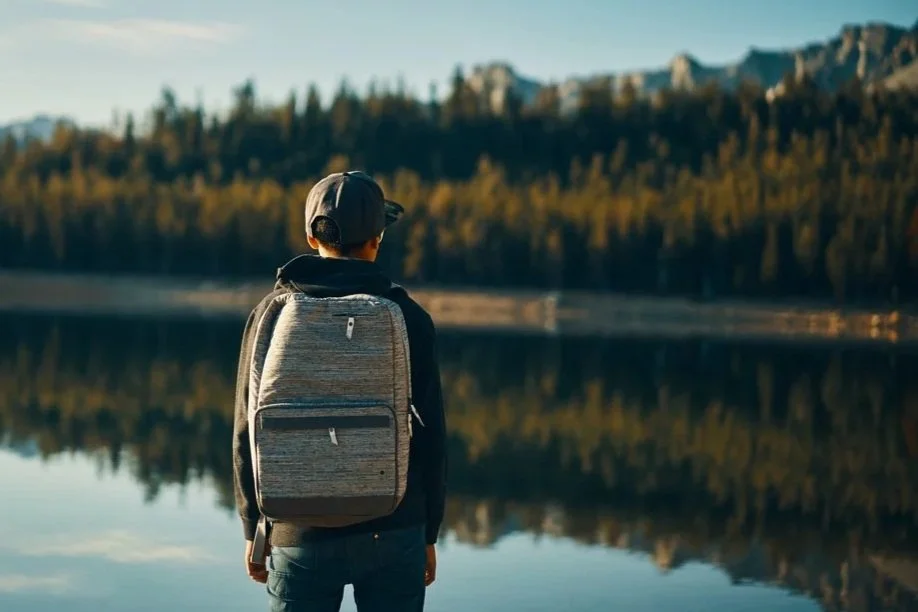 Person standing by a lake with a backpack, looking at the water and mountains in the distance.
