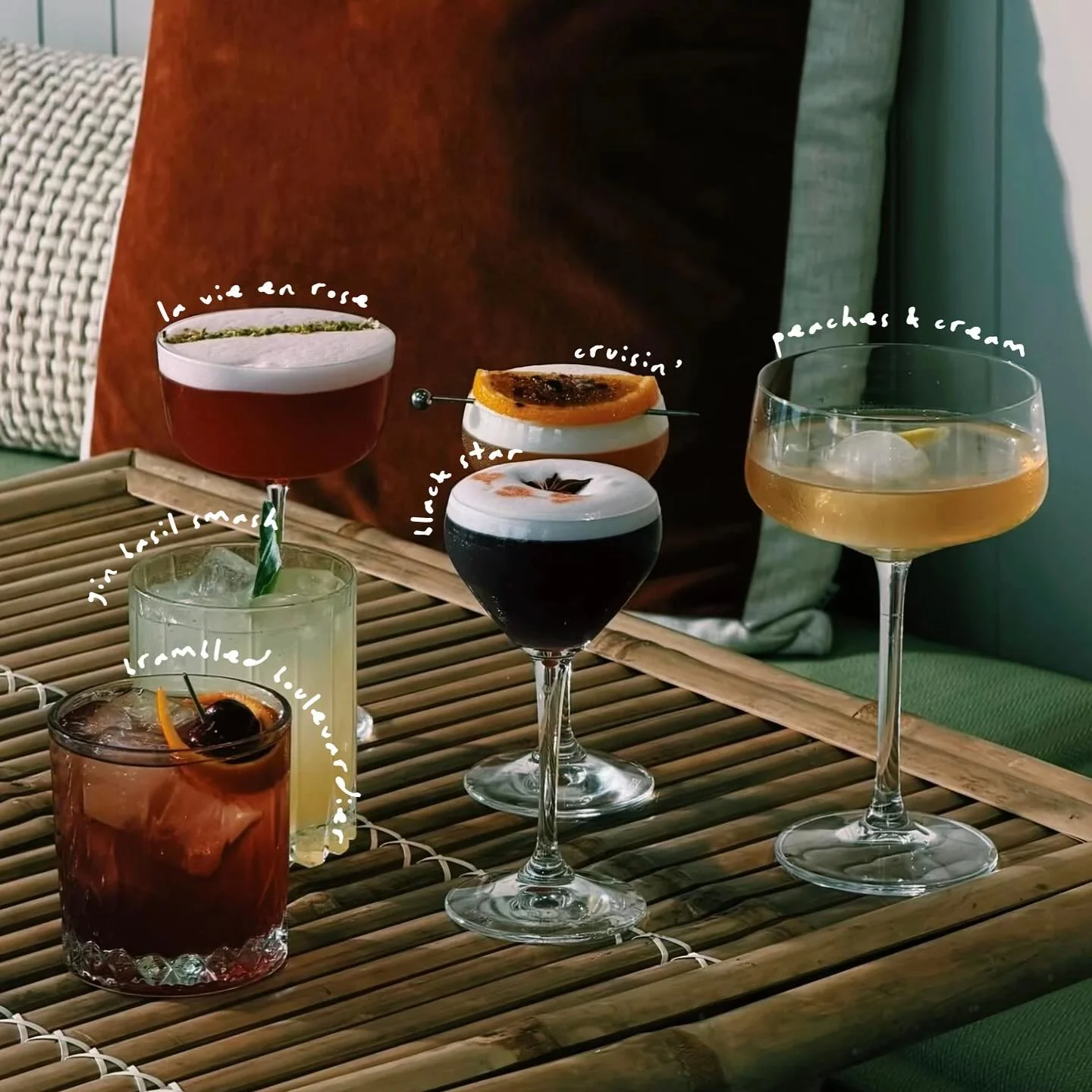 Now that&rsquo;s a cocktail lineup. 

Our brand new crafted cocktail menu, made by our lovely Ali. 

Featuring a category for every flavour pallet with cocktails within to suit all

Spritz &amp; Fizz
Bright &amp; Light
Dark &amp; Boozy 
Sweet &amp; S