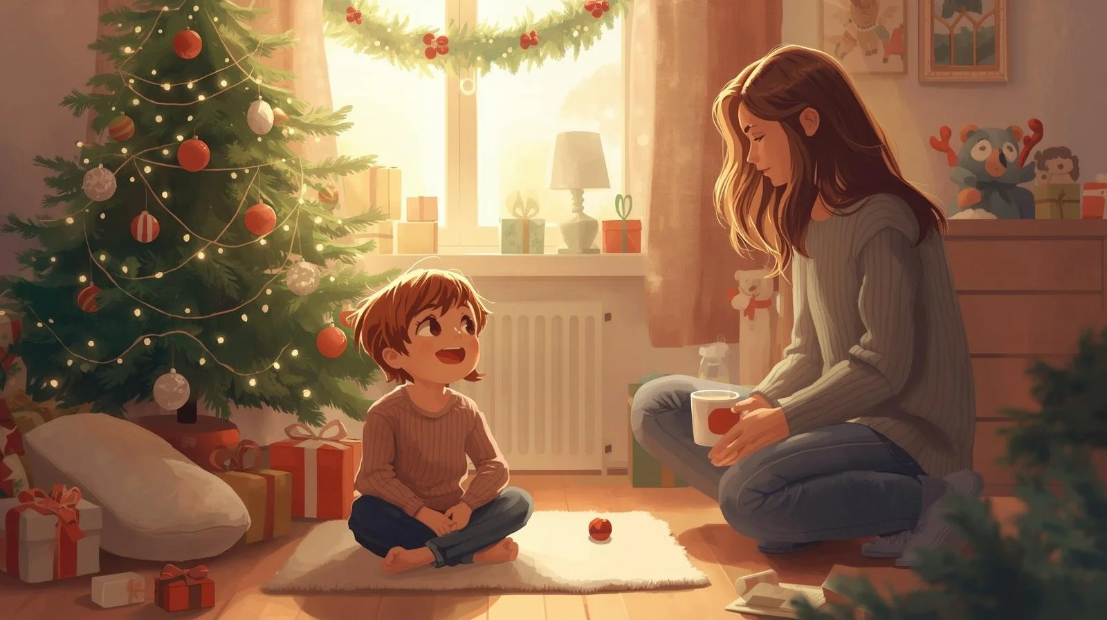 Enfant de 3 à 8 ans excité devant un sapin de Noël, décorations et guirlandes, parent assis à côté en posture calme et rassurante, ambiance chaleureuse et douce, illustration semi-réaliste pour blog parentalité relationnelle.