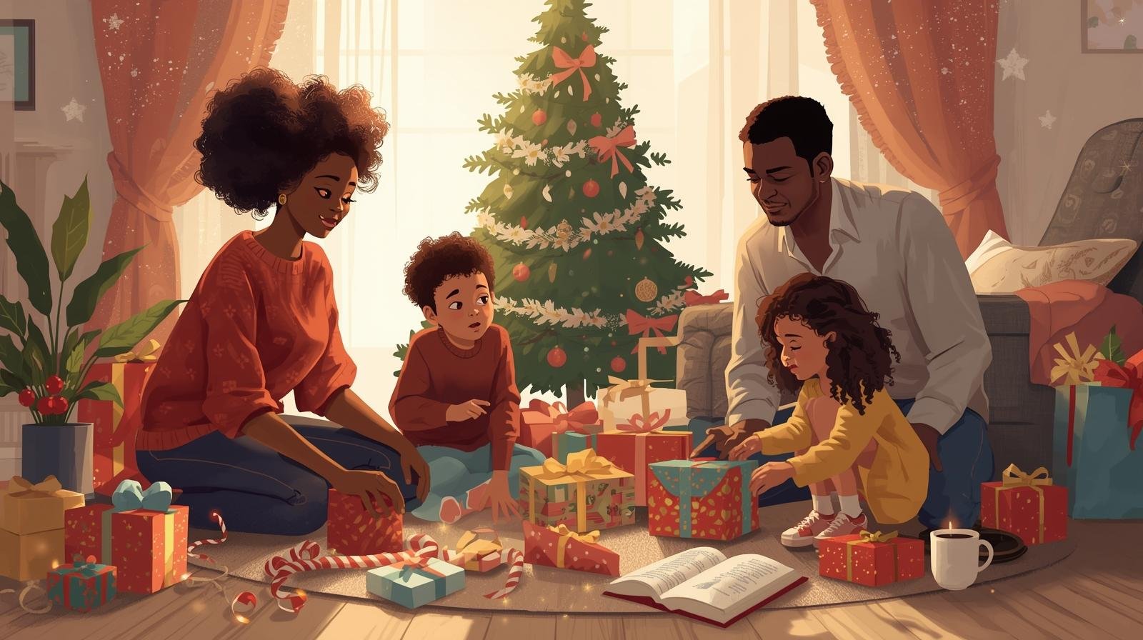 Famille avec deux parents et enfants de 4 à 8 ans, jouant et interagissant après Noël, ambiance douce et bienveillante, décorations de Noël, lumière naturelle, parentalité relationnelle, excitation et fatigue post-fêtes.