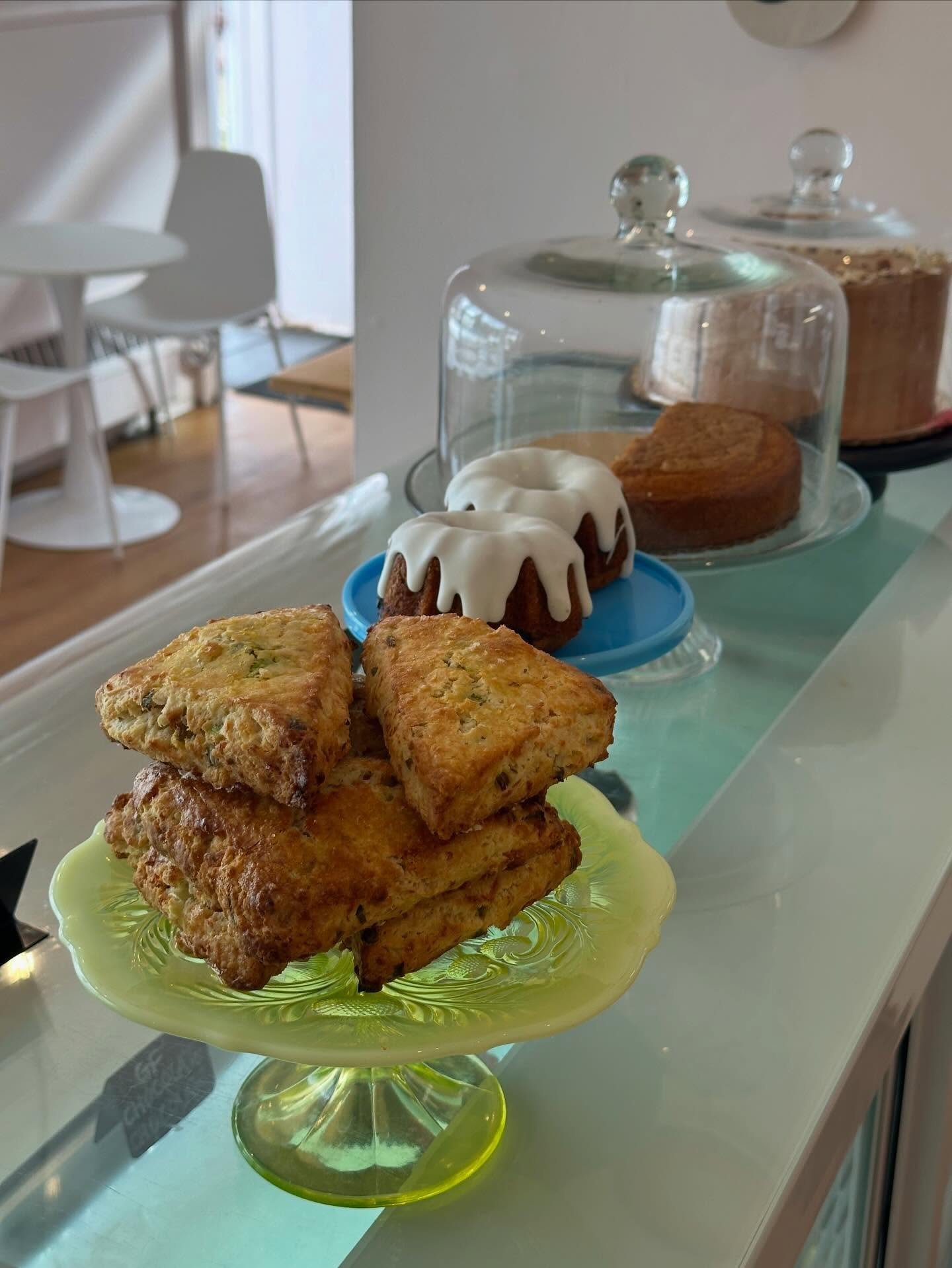 Shop Views 💛 sun streaming through the front door onto our fresh &amp; warm cheddar scallion scones neighbored up next to some lemon glazed olive oil blueberry Bundts. A lovely day to see what we&rsquo;ve got baking on the crispy edge of town. 💘