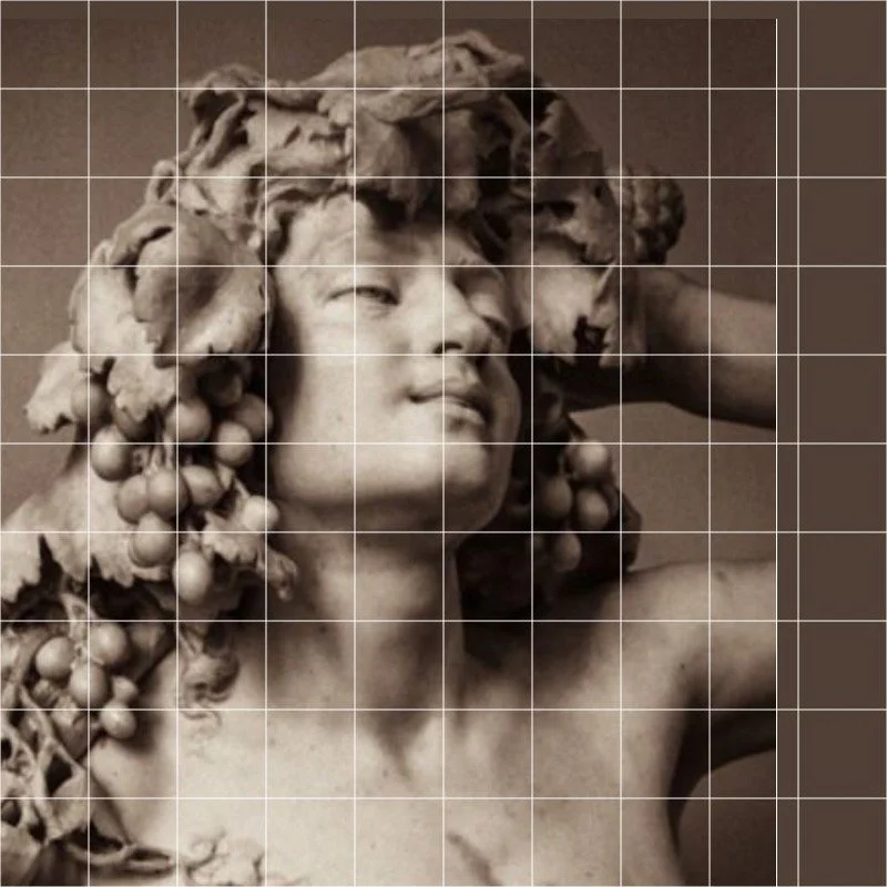 Raster toegevoegd over klassieke buste in Grid# app ter voorbereiding op het schetsen van het schilderij.