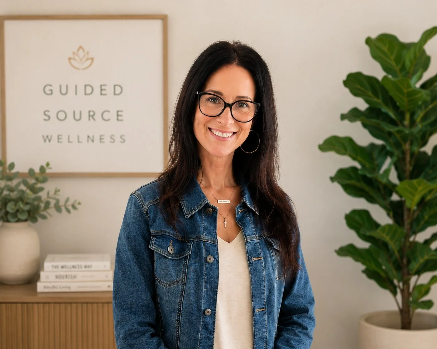 Smiling woman with long dark hair and glasses standing indoors near a plant and a framed quote about wellness.
