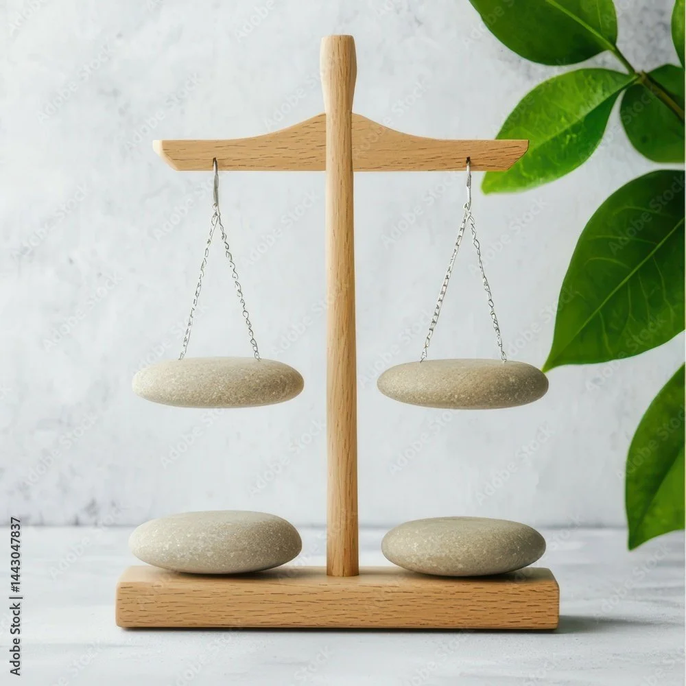 Balance scale made of wood and stones with green plant leaves in the background.