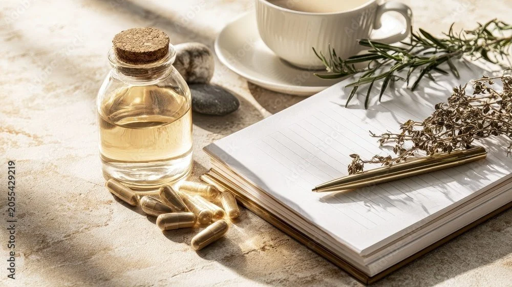 A glass jar of herbal supplement capsules, a cup of tea or coffee, a notebook with a gold pen, dried herbs, and greenery on a textured surface.