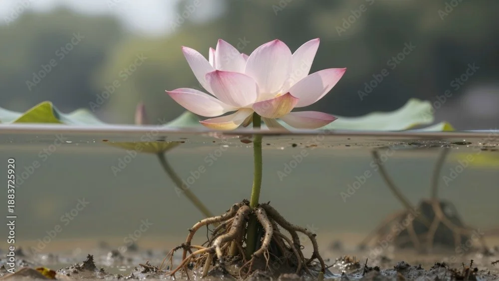A pink and white water lily floating on a pond with visible roots and leaves underwater.