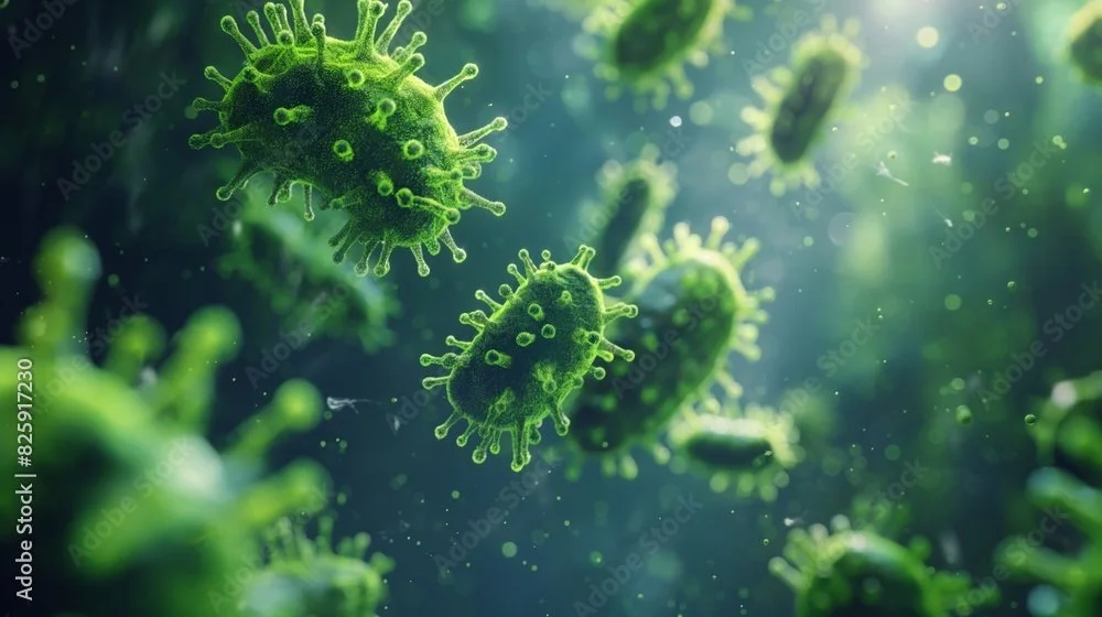 Green viruses floating in a digital microscopic scene.