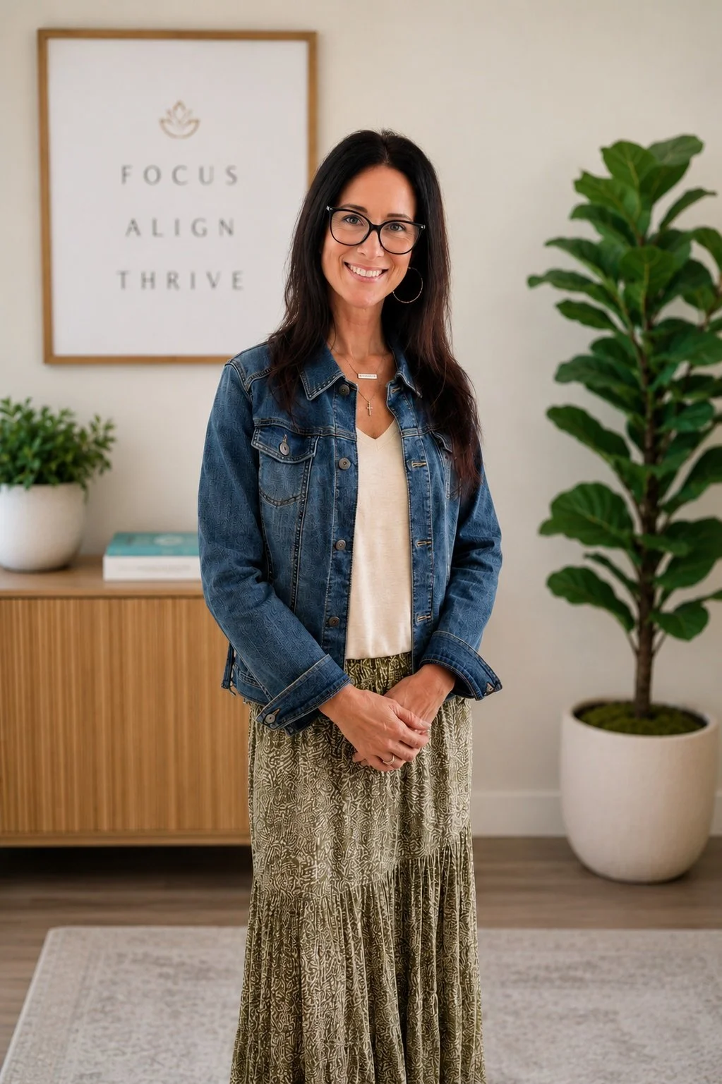 A woman with glasses wearing a denim jacket standing in a room with a large green potted plant and a framed motivational quote that reads 'Focus Align Thrive.'