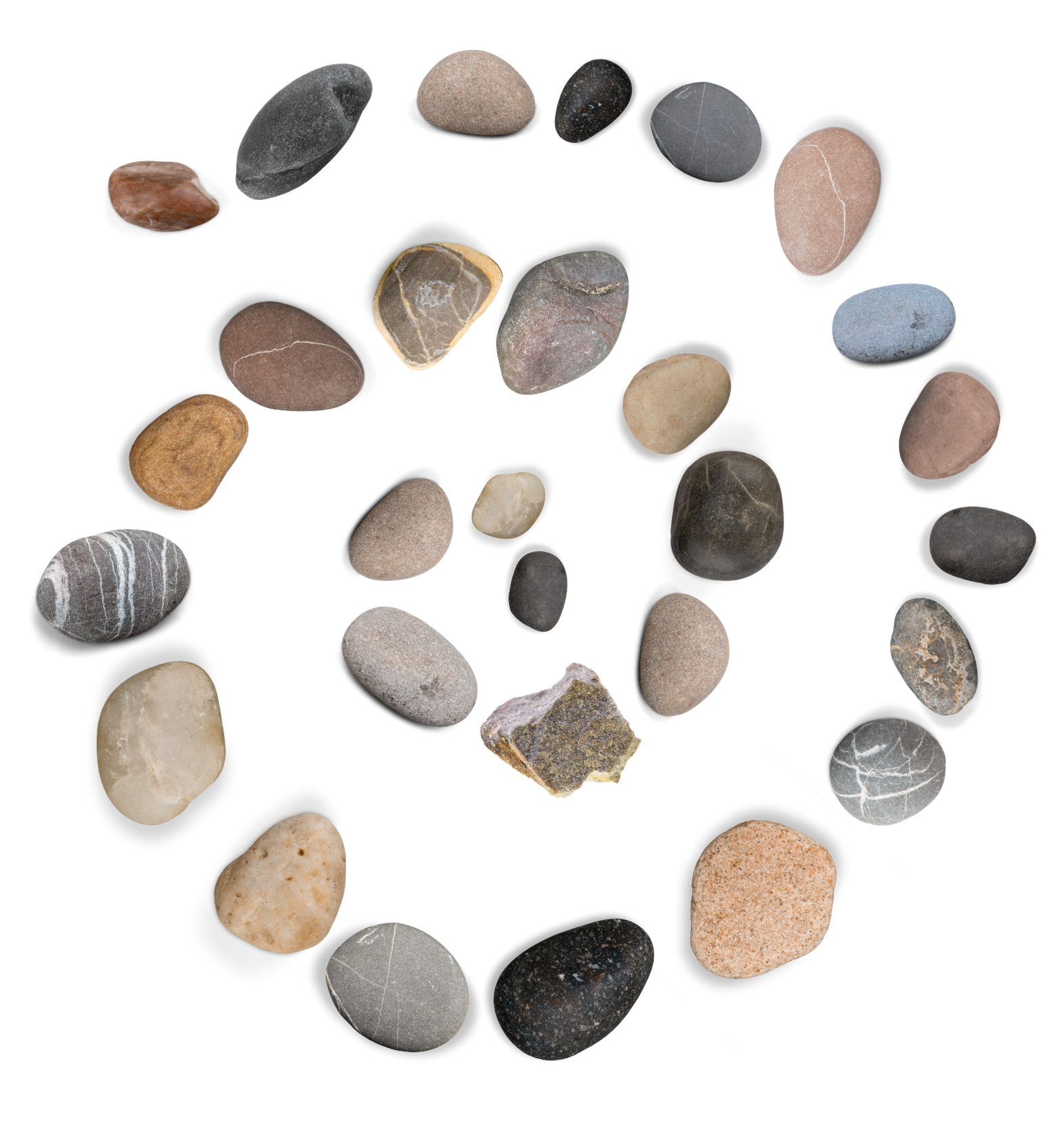 Collection of various small, smooth, rounded pebbles of different colors, shapes, and textures arranged in a spiral pattern on a black background.