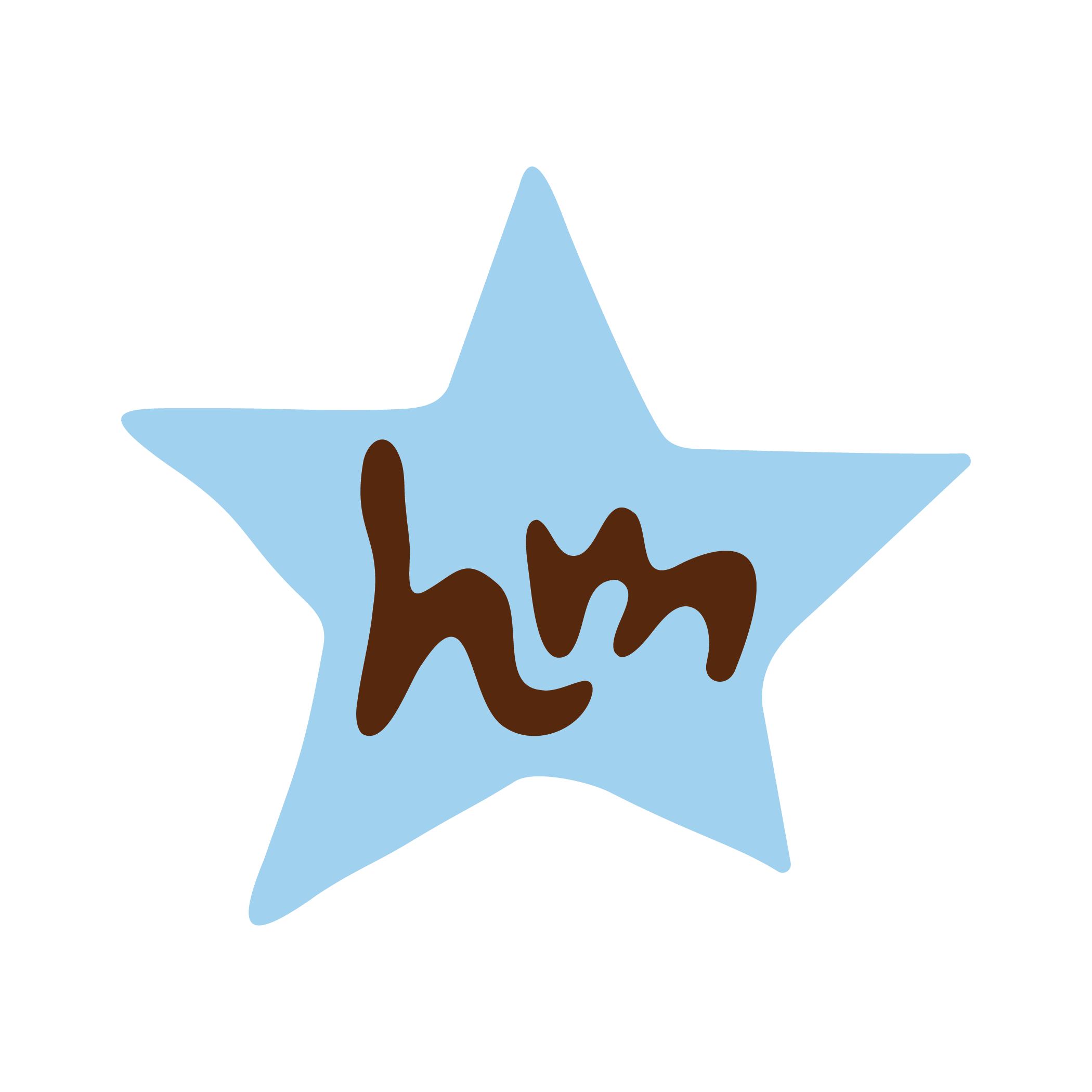 Blue star graphic with the handwritten text 'hm' in brown inside