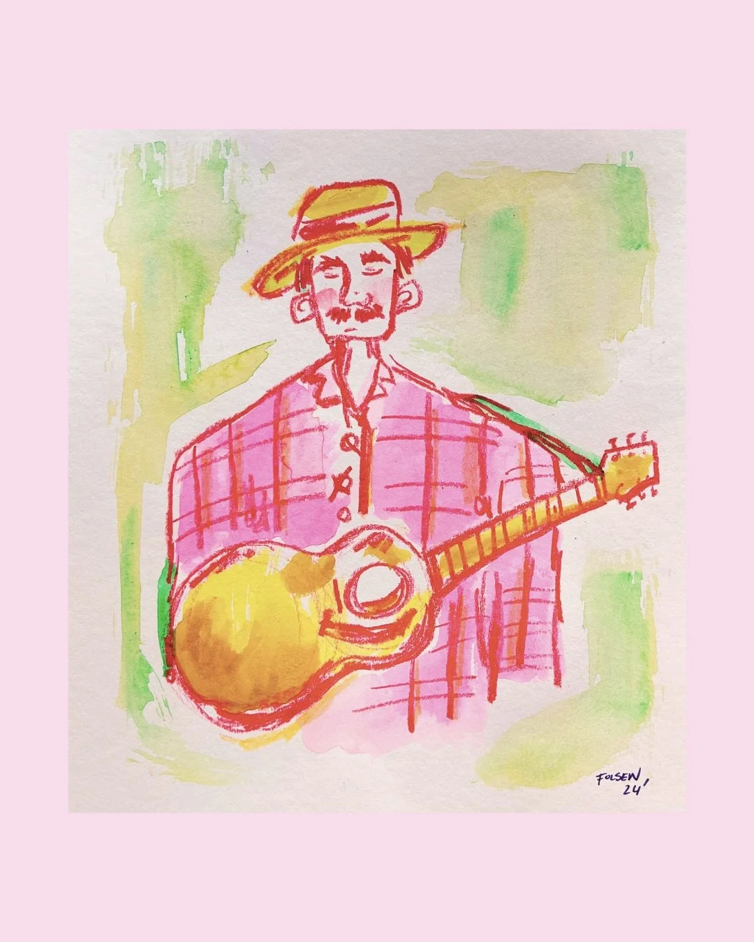 Watercolor illustration of a man with a mustache and goatee, wearing a hat and a plaid shirt, holding a guitar. Background features green and yellow washes.