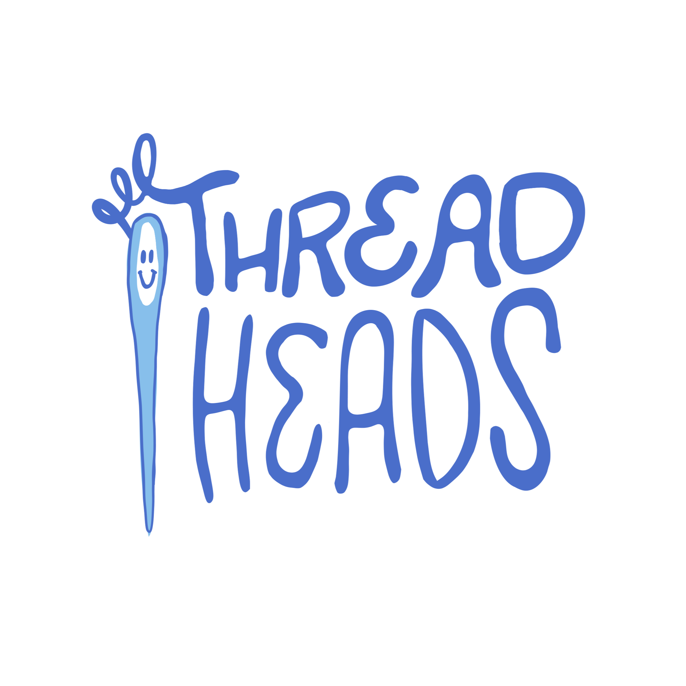 Colorful graphic with a smiling blue thread character with a sewing needle body, accompanied by the text 'The Thread Heads' in blue, playful handwriting style.