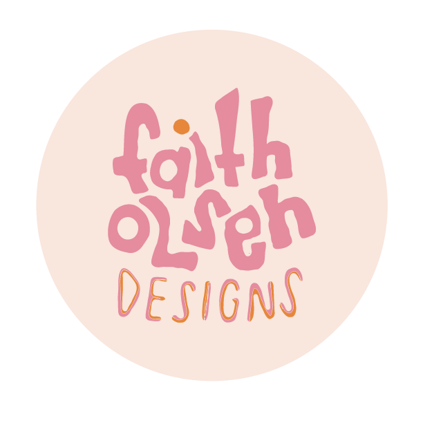 Logo for Faith Olsen Designs with stylized pink and orange text in a circle.