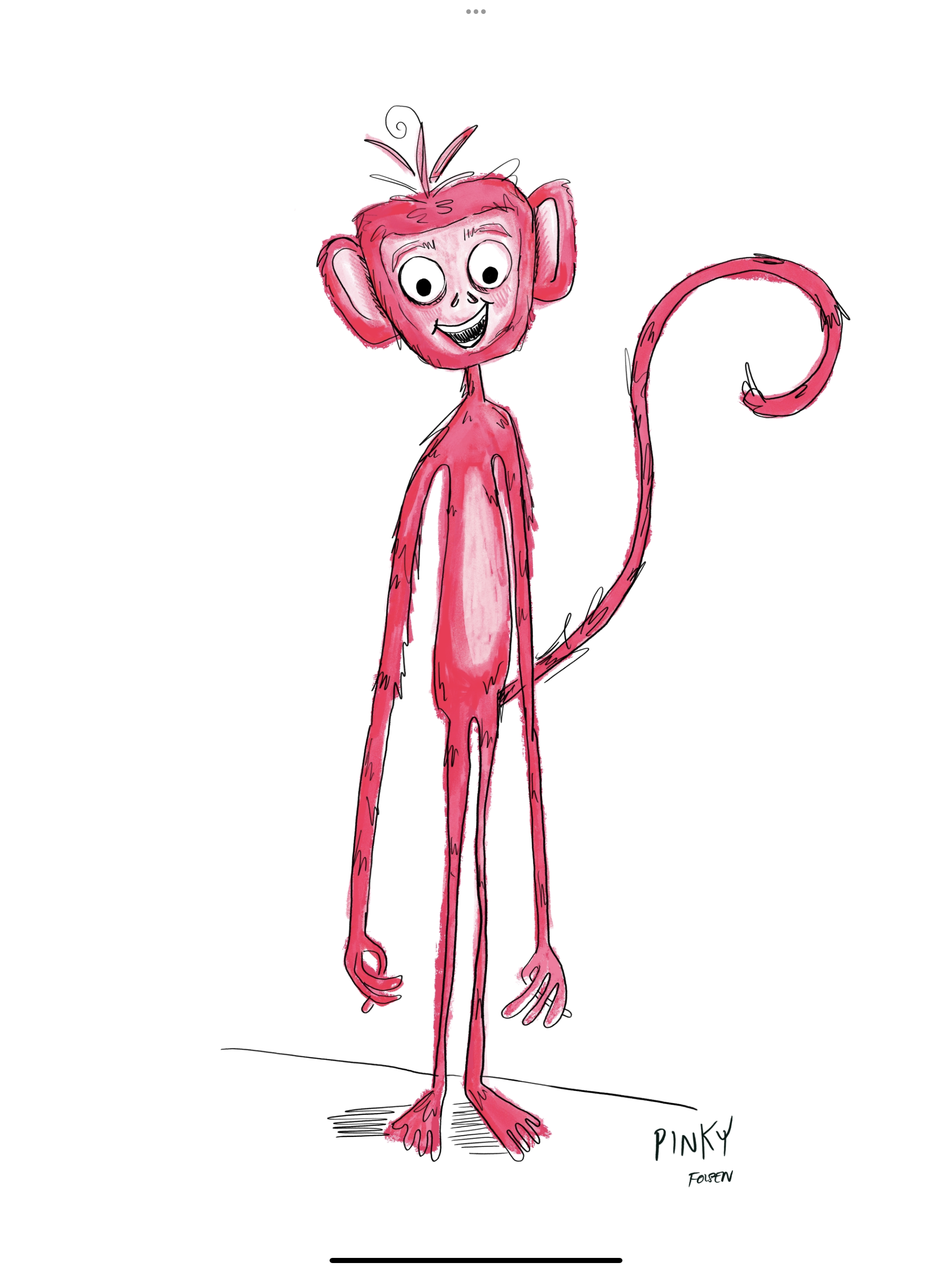 A colorful drawing of a cartoon monkey with pink fur, large ears, and a long curved tail. The monkey has a big smile, big round eyes, and a tuft of hair on top of its head. The drawing is signed 'Pinky' by the artist.