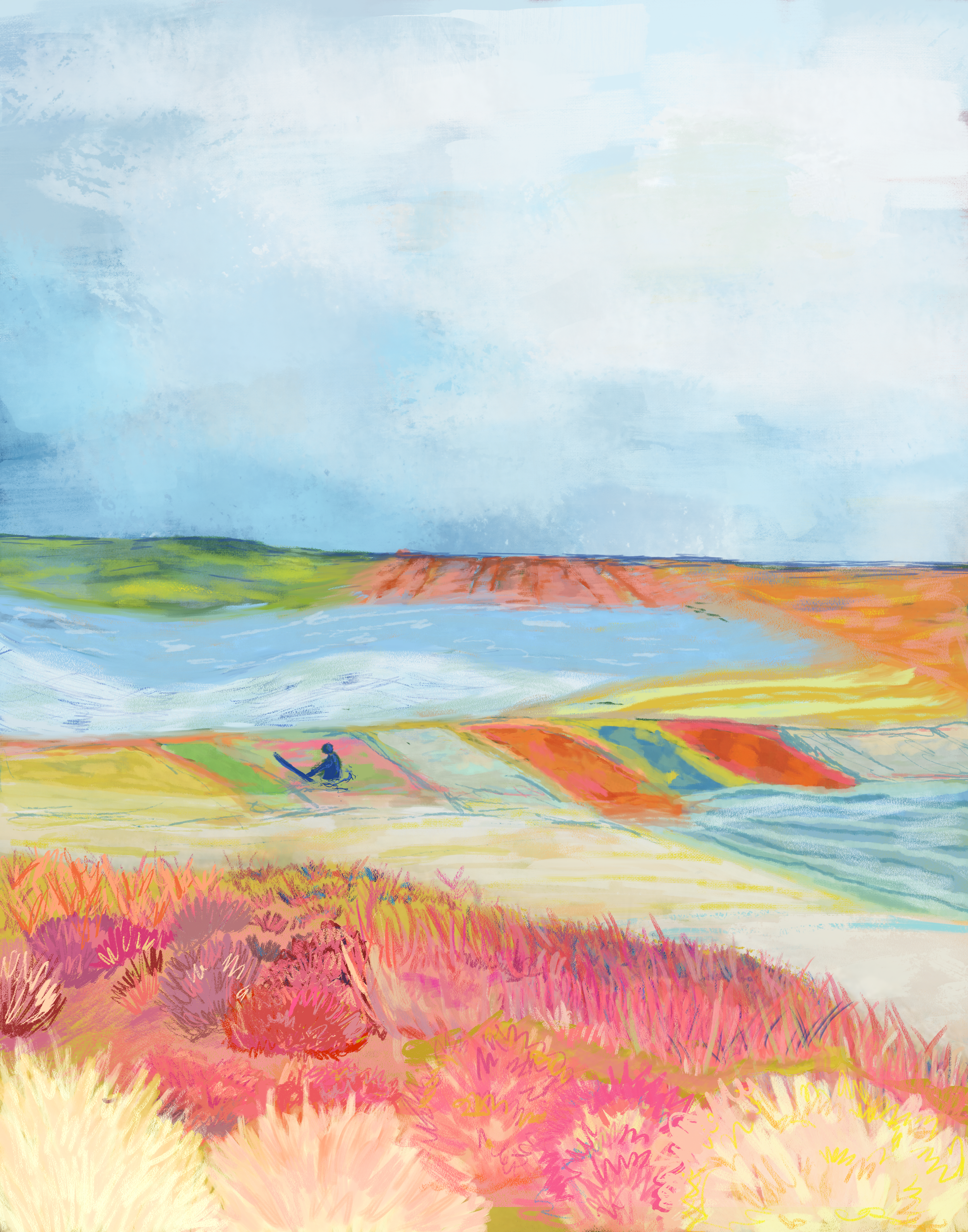 A colorful painting of a landscape with fields, water, and a sky with clouds. A person is seen sitting on a rainbow-colored field, possibly with a surfboard.