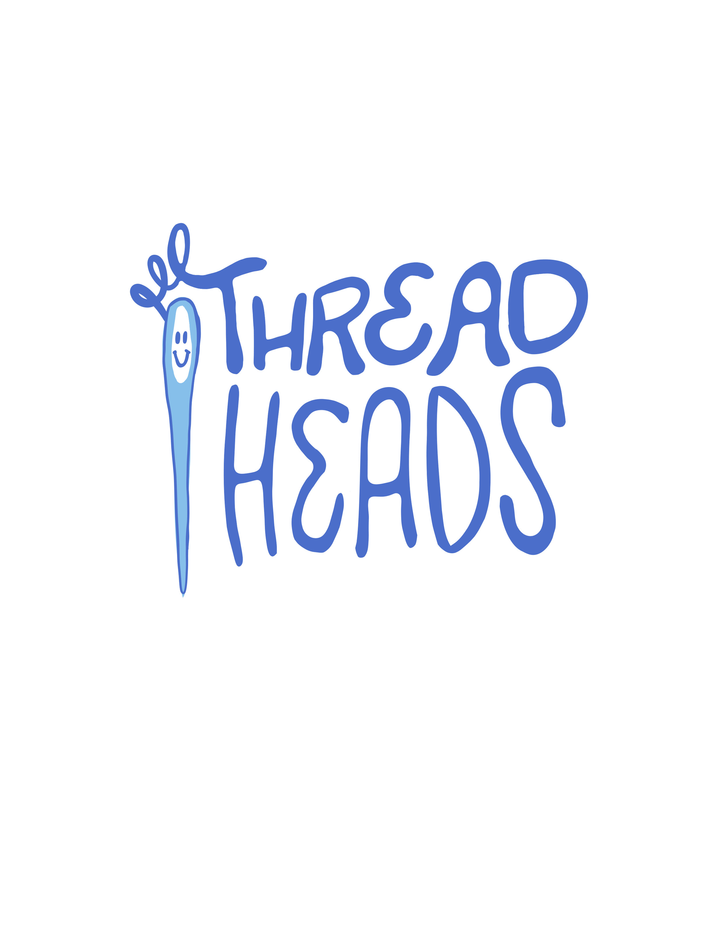 Logo for 'Thread Heads' featuring a smiling cartoon sewing needle with a thread.
