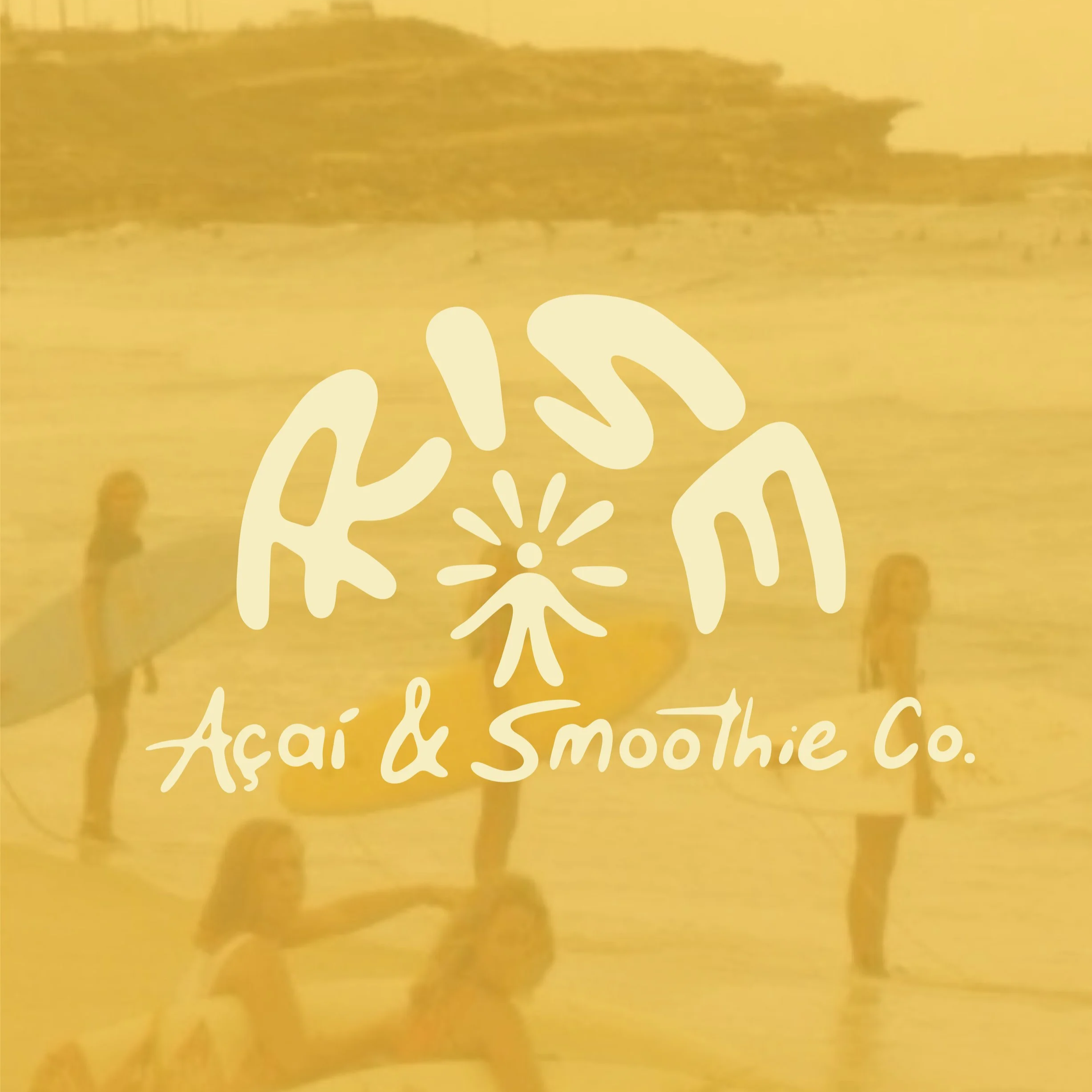 Logo of Acai & Smoothie Co. overlaying a yellow-tinted beach scene with people walking along the water's edge.