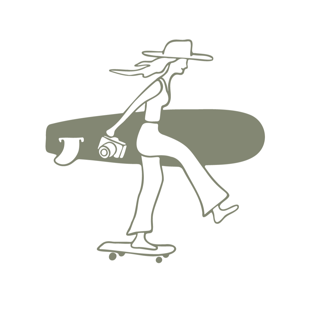 Line drawing of a woman riding a skateboard with a longboard surfboard attached to her back, wearing a wide-brimmed hat and flared pants.