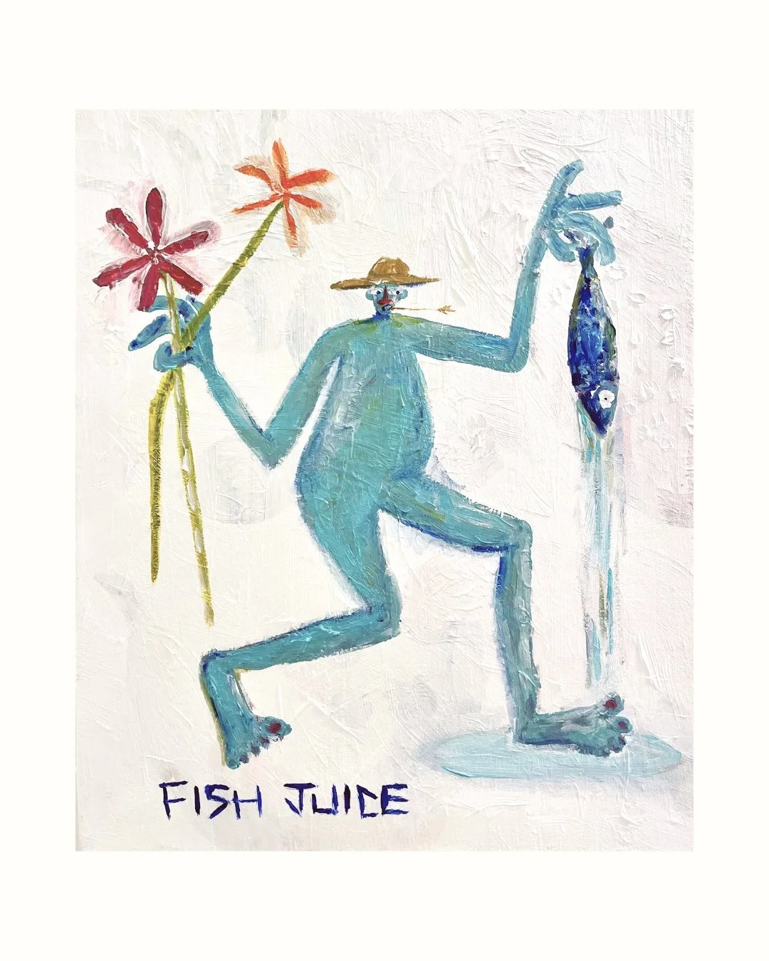 A colorful painting of a blue humanoid figure wearing a straw hat, holding pink and orange flowers in one hand and a fish in the other, with the words 'FISH JUNE' written below.