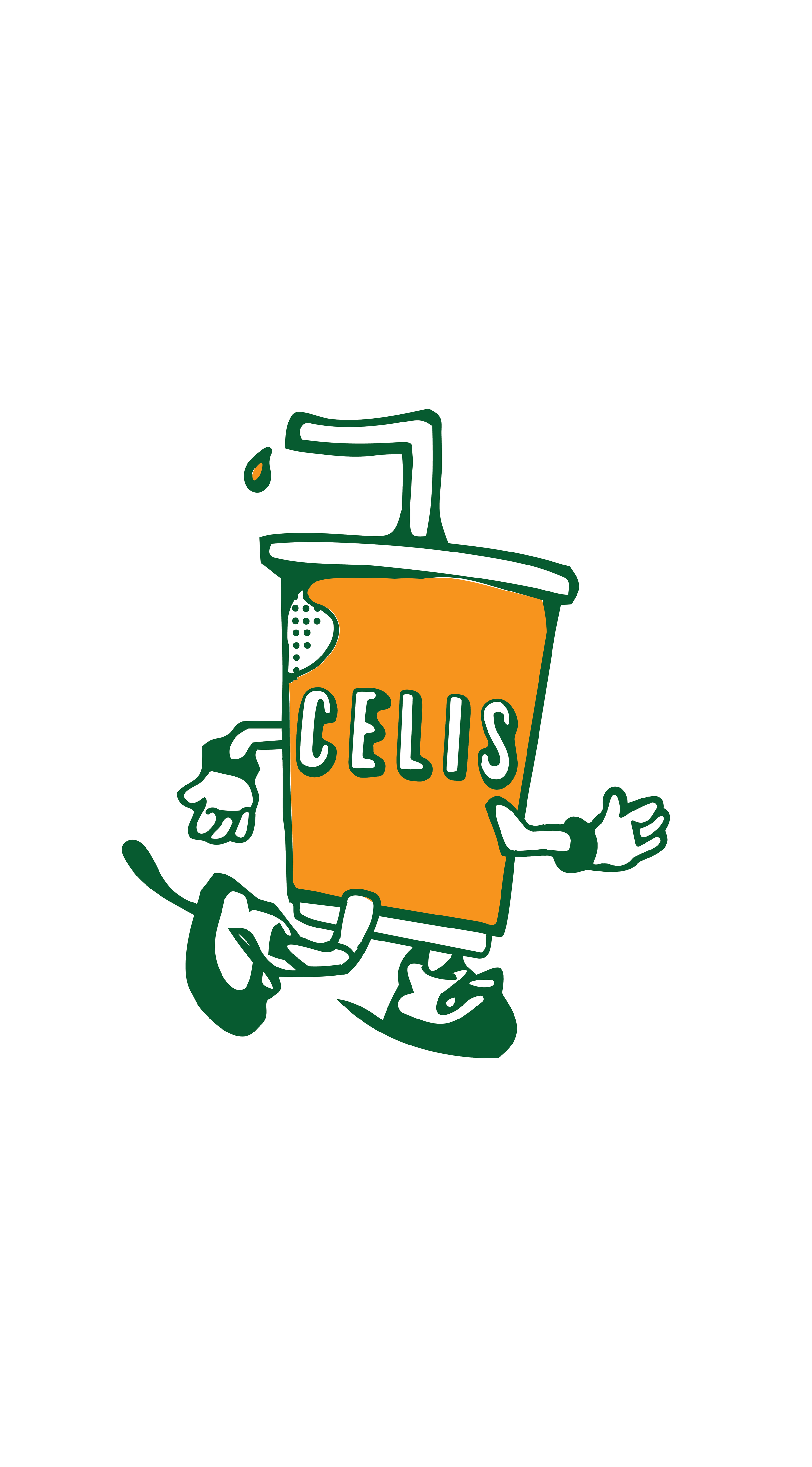 A cartoon orange juice box with arms, legs, and a straw character, with the text 'CELIS' on the front, walking and gesturing with one hand.