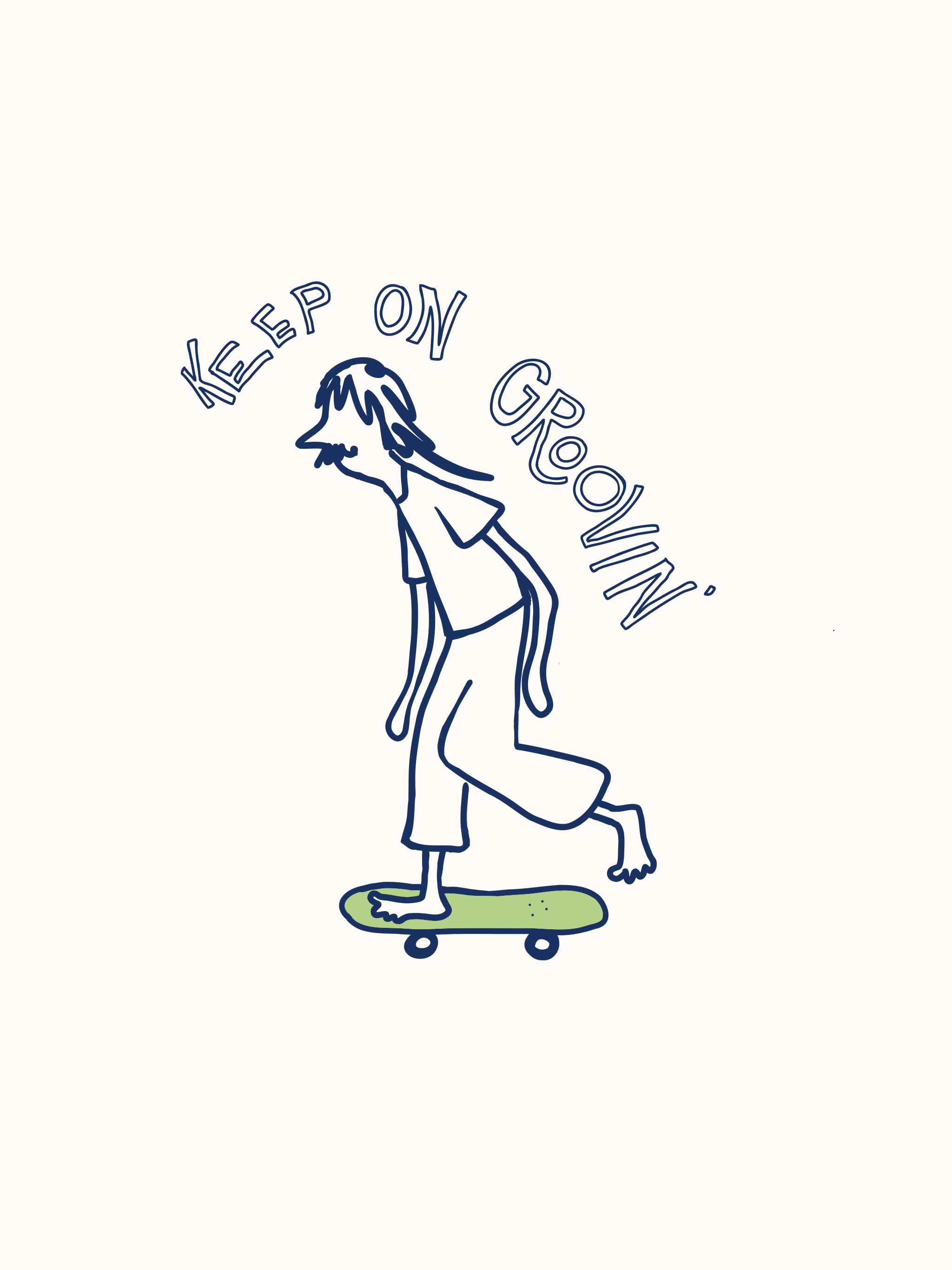 Line drawing of a person with long hair skateboarding, with the text "Keep On Groovin" arched above.