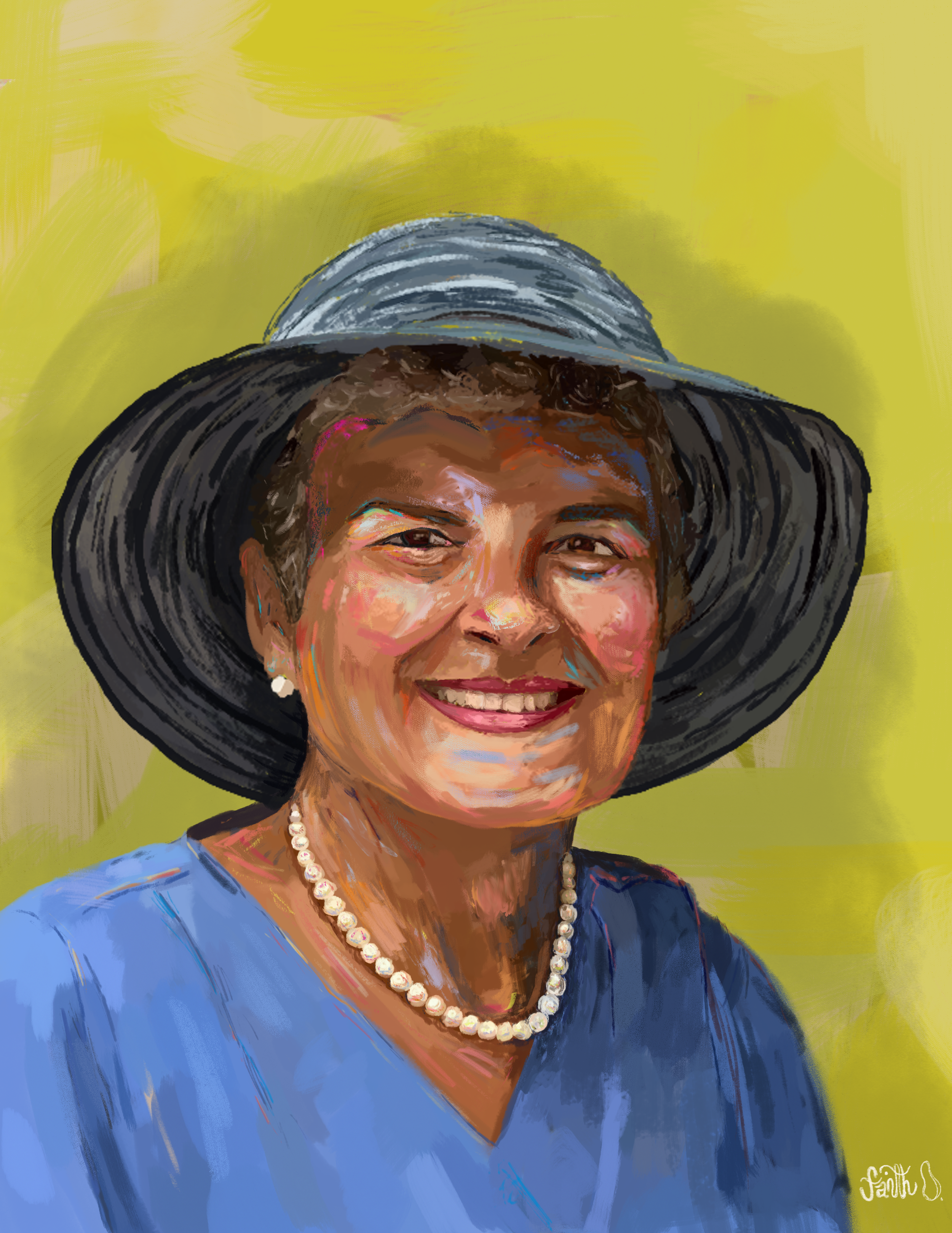A smiling woman wearing a large black hat, pearl necklace, pearl earrings, and a blue top against a yellow background.