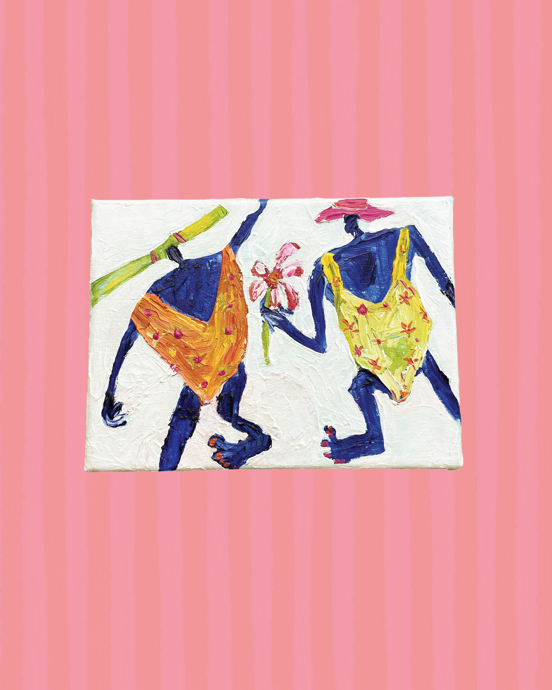 Painting of two figures with dark blue skin, wearing colorful clothing, holding a flower, set against a pink striped background.