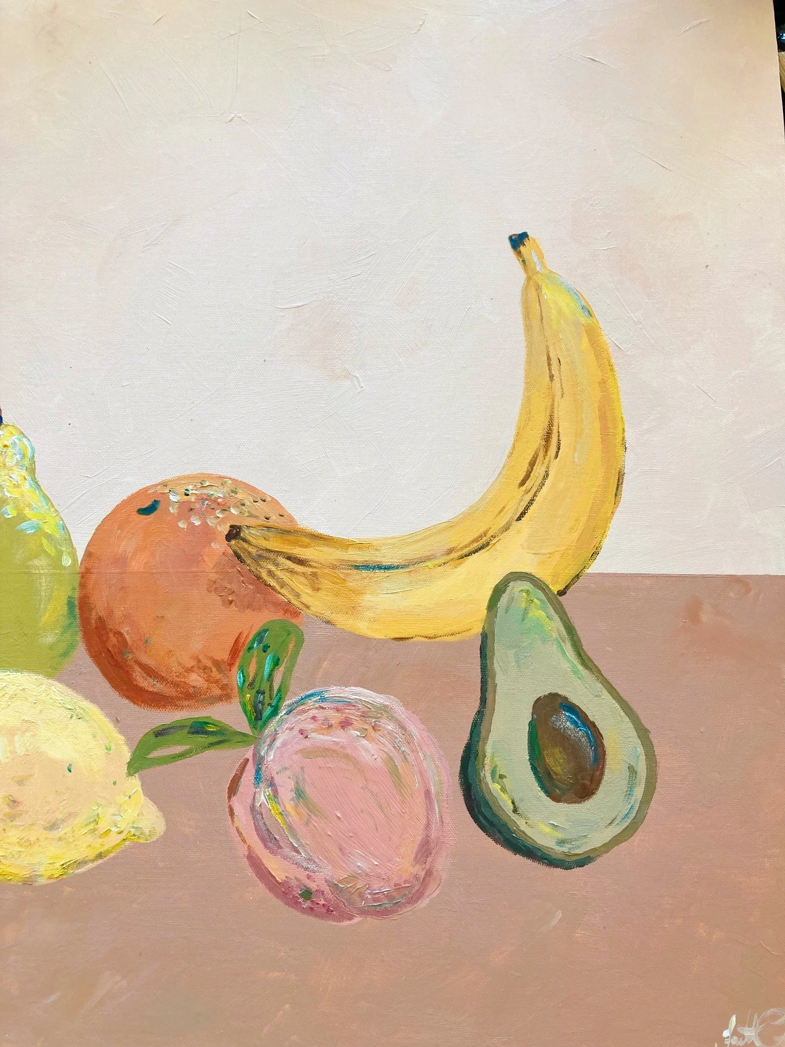 Painted still life of bananas, an orange, a lemon, an avocado, and a peach on a pink surface against a cream-colored background.