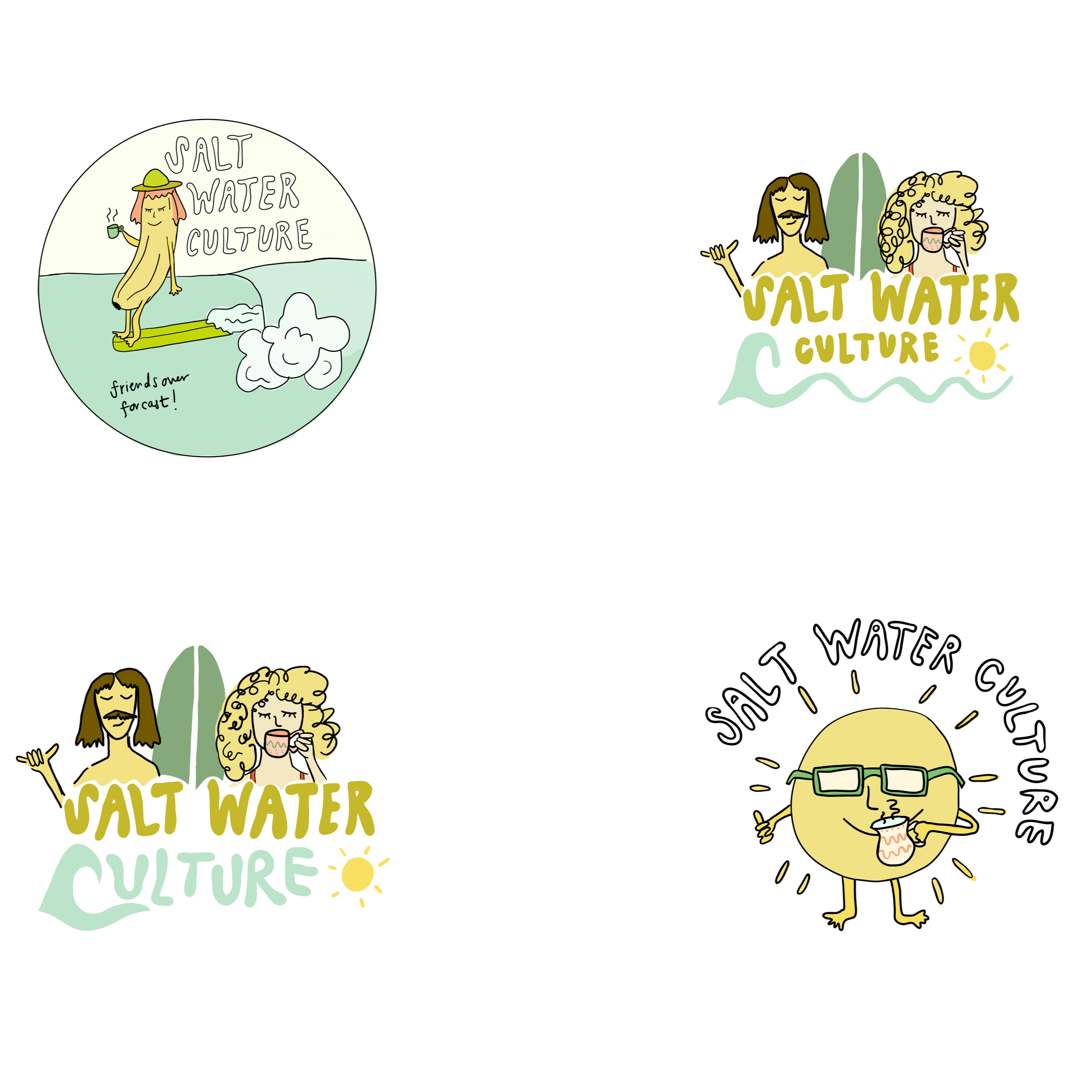 Four cartoon illustrations related to salt water culture, including characters enjoying the water, surfboarding, and relaxing, with playful text
