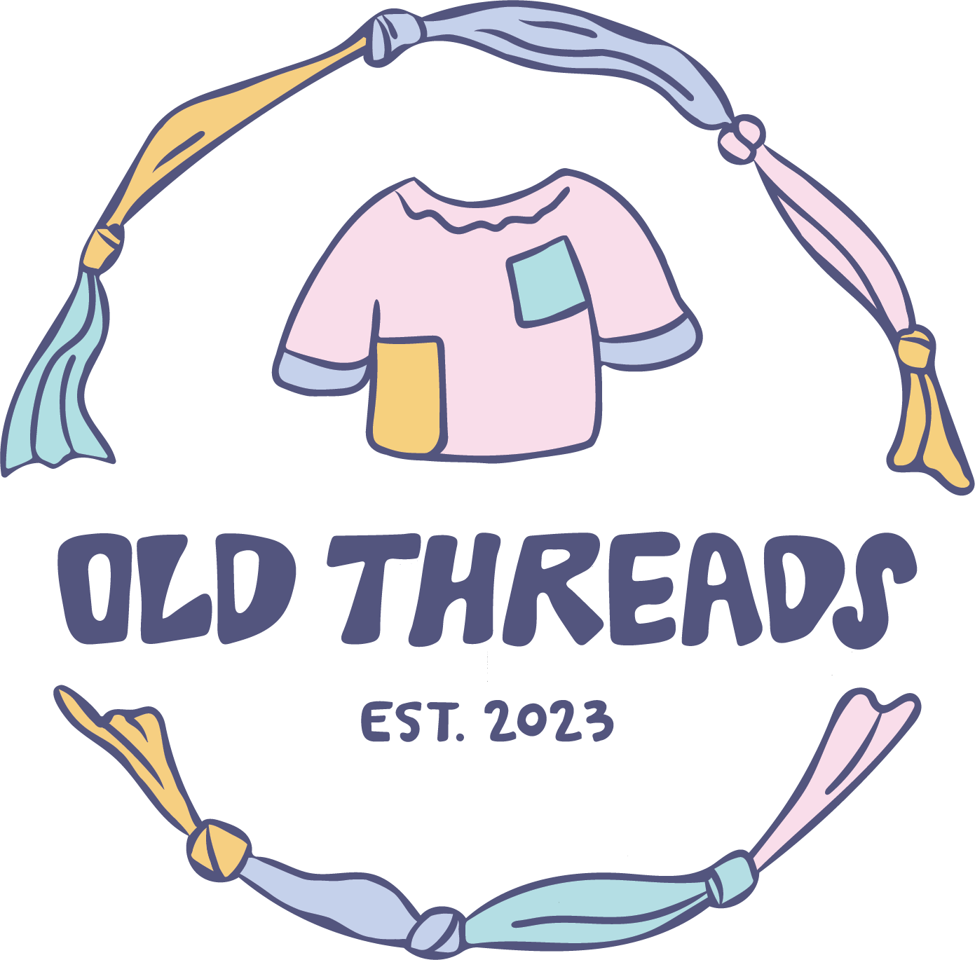 A pastel-colored logo for "Old Threads" featuring a shirt with patches, surrounded by a decorative frame made of tied fabric strips, with the text "Old Threads" and "Est. 2023" beneath the shirt.