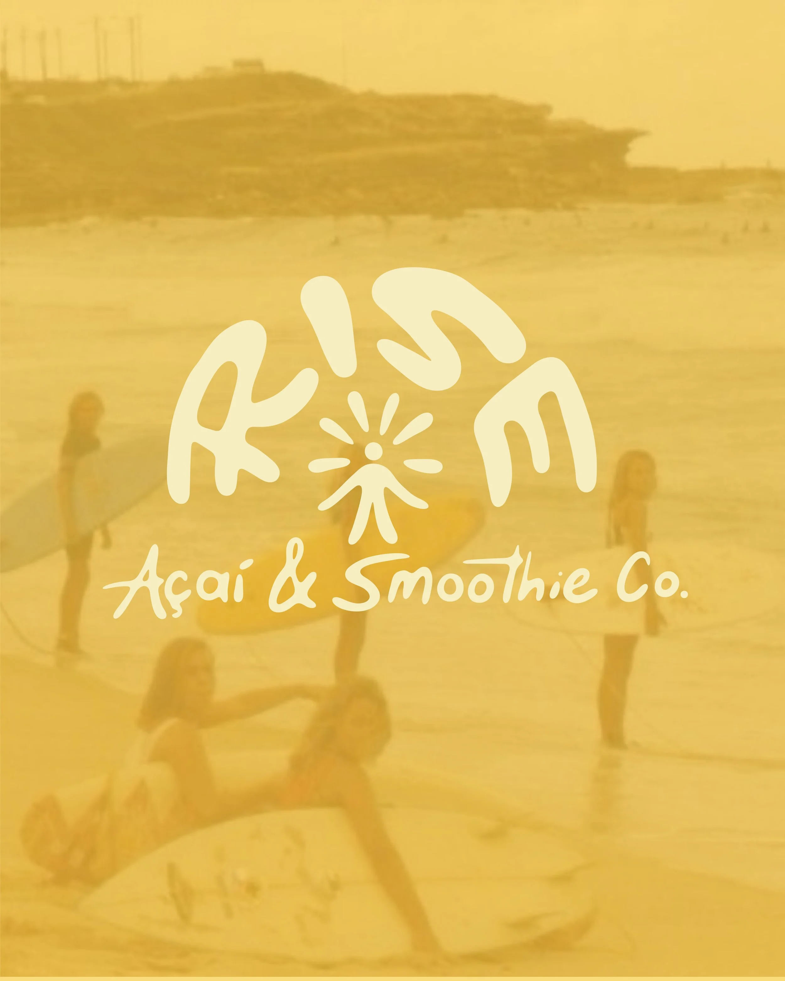 A yellow-tinted image of people at the beach with surfboards, overlaid with the logo of 'Reef, Acai & Smoothie Co.' in handwritten style text and a palm tree design.