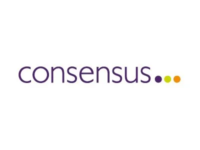 The word 'consensus' written in lowercase purple letters, followed by three small circles in green, yellow, and orange.