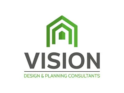 Logo for VISION Design & Planning Consultants, featuring a green geometric house icon with the company name below in gray and green text.