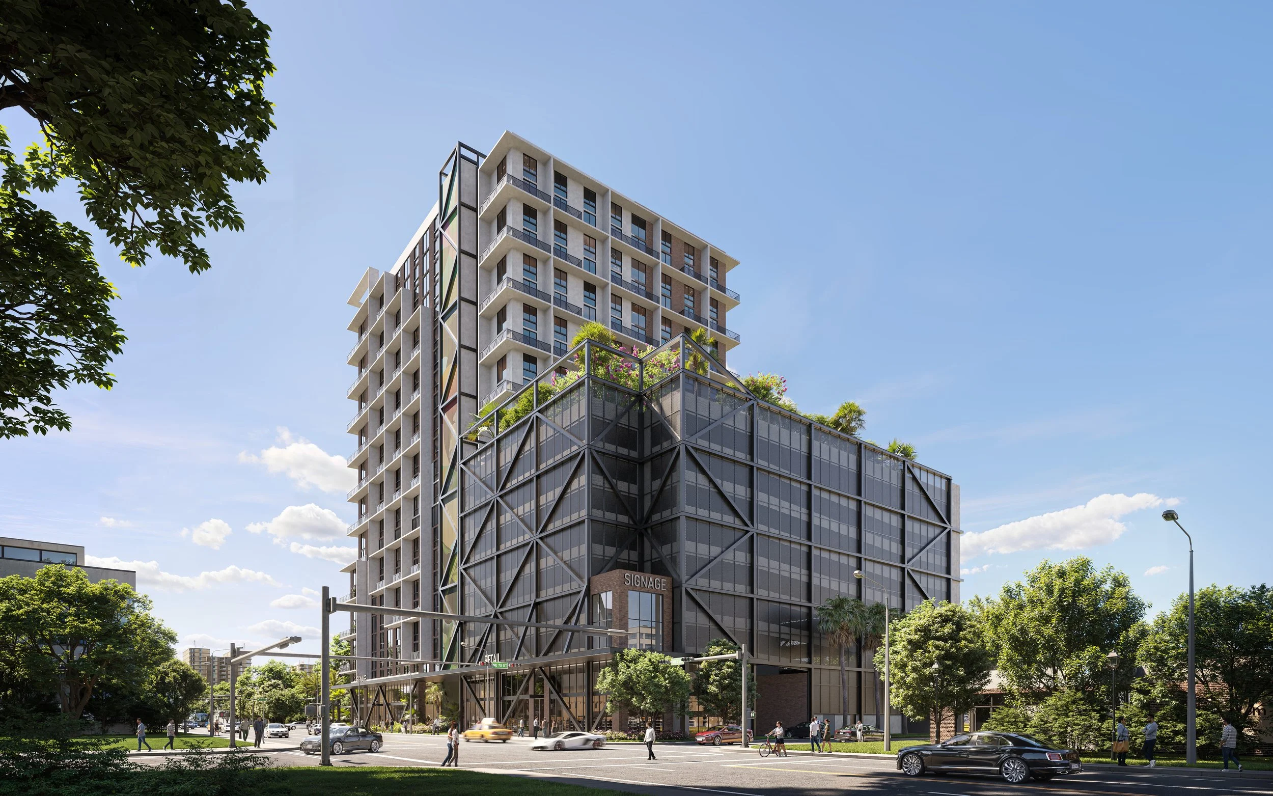 A tall modern building with multiple floors, balconies, and greenery on some terraces. The building is located in an urban area with trees and a street with cars and people in front of it. The sky is clear with some clouds.
