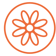 Orange flower logo with a circular border